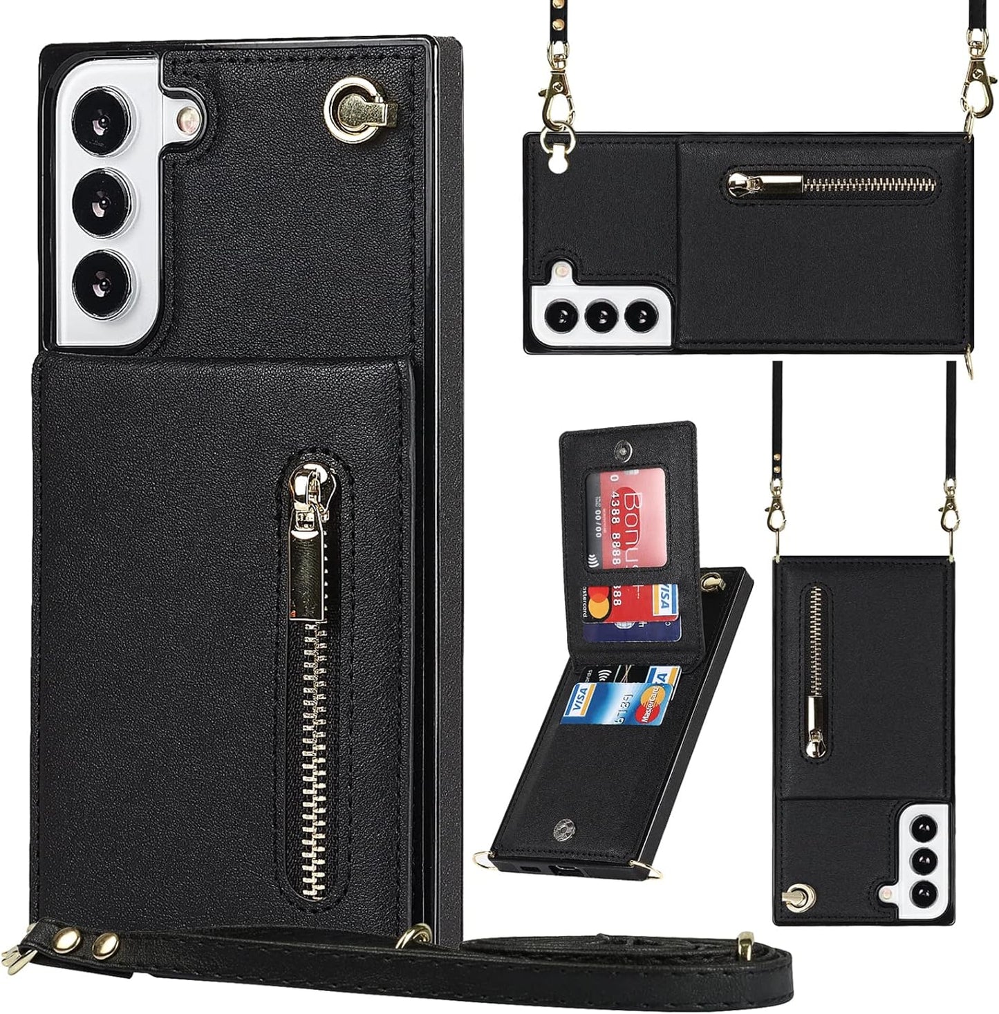 Jaorty Samsung Galaxy S22 5G Phone Case for Women with Card Holder,Samsung S22 Case Wallet Crossbody Lanyard with Strap,Credit Card Slots Kickstand Case with Ring Holder,6.1 Inch,Black  Jaorty Black  