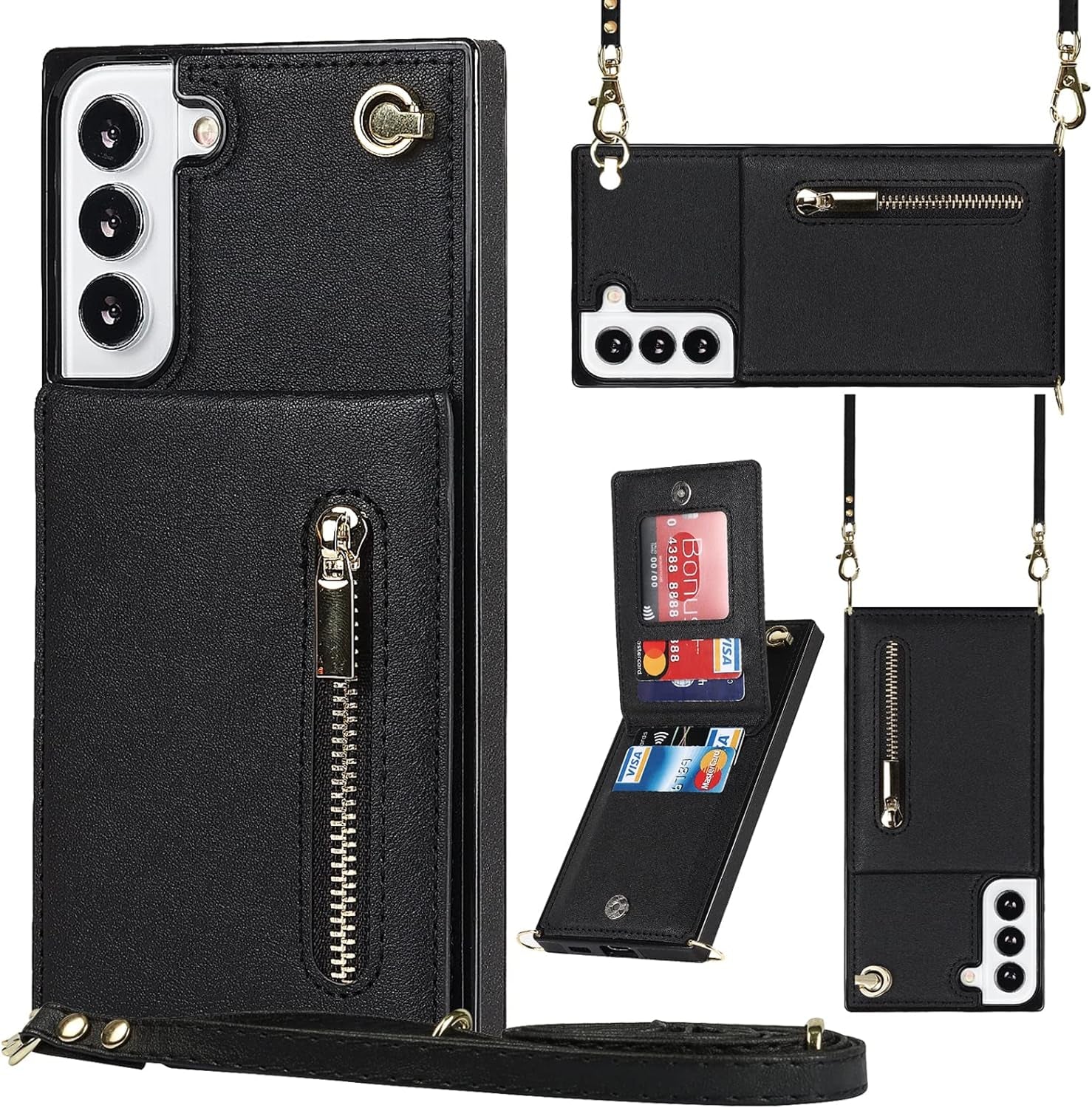 Jaorty Samsung Galaxy S22 5G Phone Case for Women with Card Holder,Samsung S22 Case Wallet Crossbody Lanyard with Strap,Credit Card Slots Kickstand Case with Ring Holder,6.1 Inch,Black  Jaorty Black  