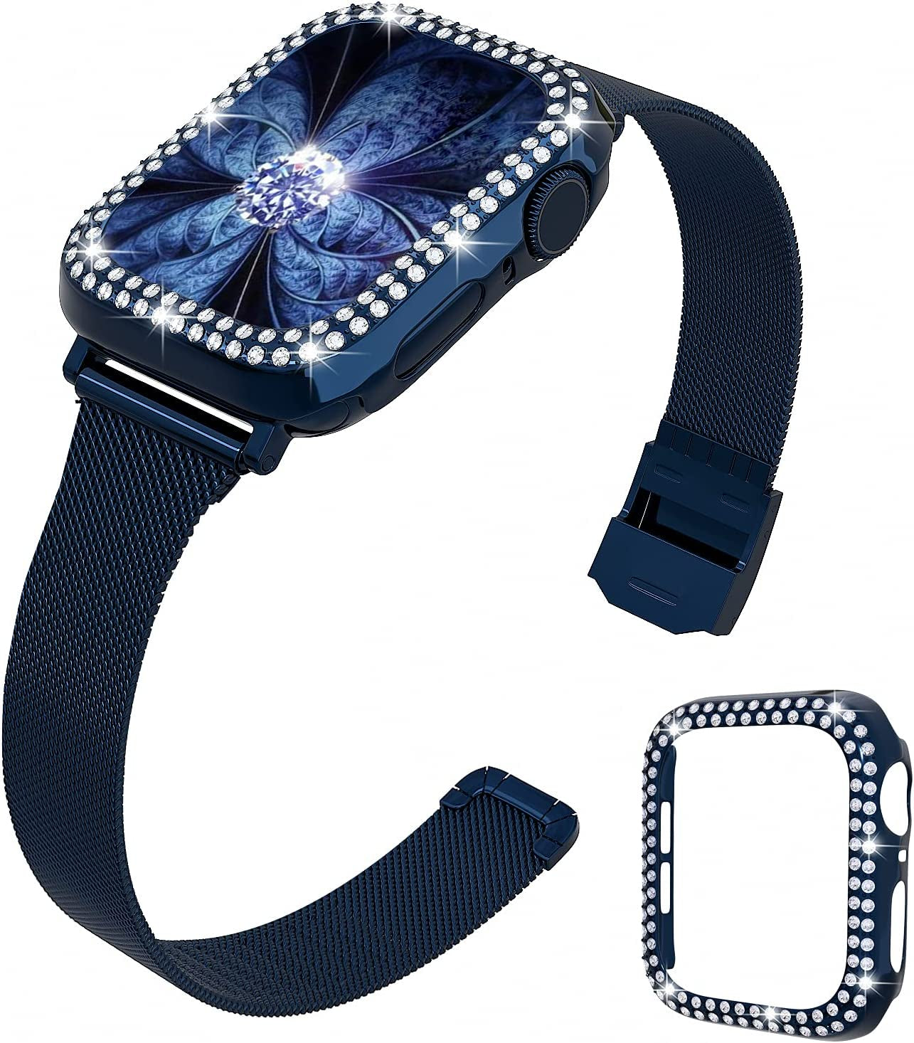 QVLANG Slim Watch Band Compatible with Apple Watch Band 38Mm 40Mm 42Mm 44Mm for Women Girls, Stainless Steel Metal Mesh Wristband & Bling Diamond Case for Iwatch SE Series 6/5/4/3/2/1 (Blue, 40Mm)  QVLANG   