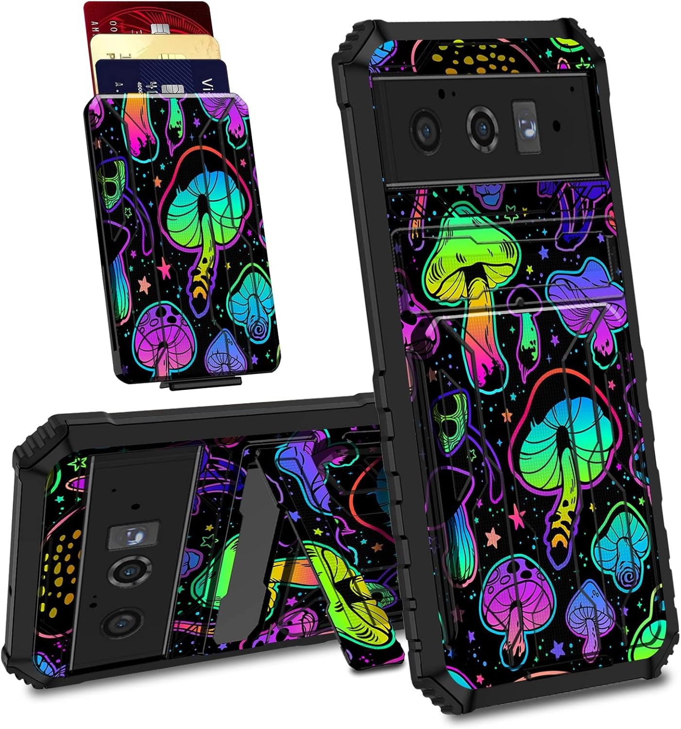 Case for Goole Pixel 6 Pro with Detachable Card Holder Slot Kickstand Hybrid Dual Layer Heavy Duty Shockproof Cover Hidden ID Cash Credit Wallet Case for Google Pixel 6 Pro 5G, Vintage American Flag  BVDIKMI Trippy Mushroom  