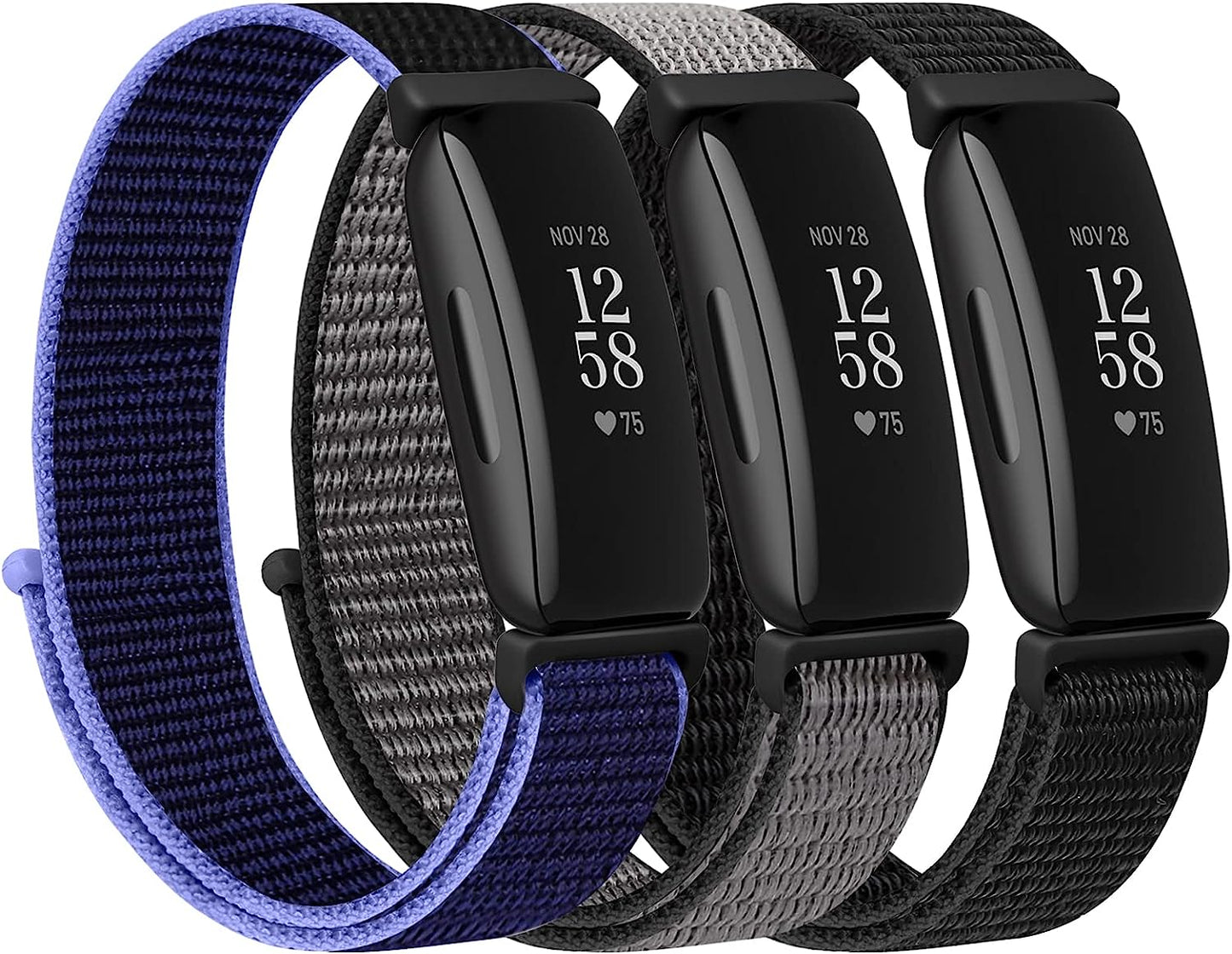 WNIPH Nylon Loop Watch Bands Compatible for Fitbit Inspire 2/ Inspire/ Inspire HR/ Ace 2/ Ace 3 Bands, Soft Adjustable Sport Loop Wristband Replacement Breathable Nylon Straps for Men Women Kids  WNIPH Dark Black+New Midnight Blue+Iron Grey  