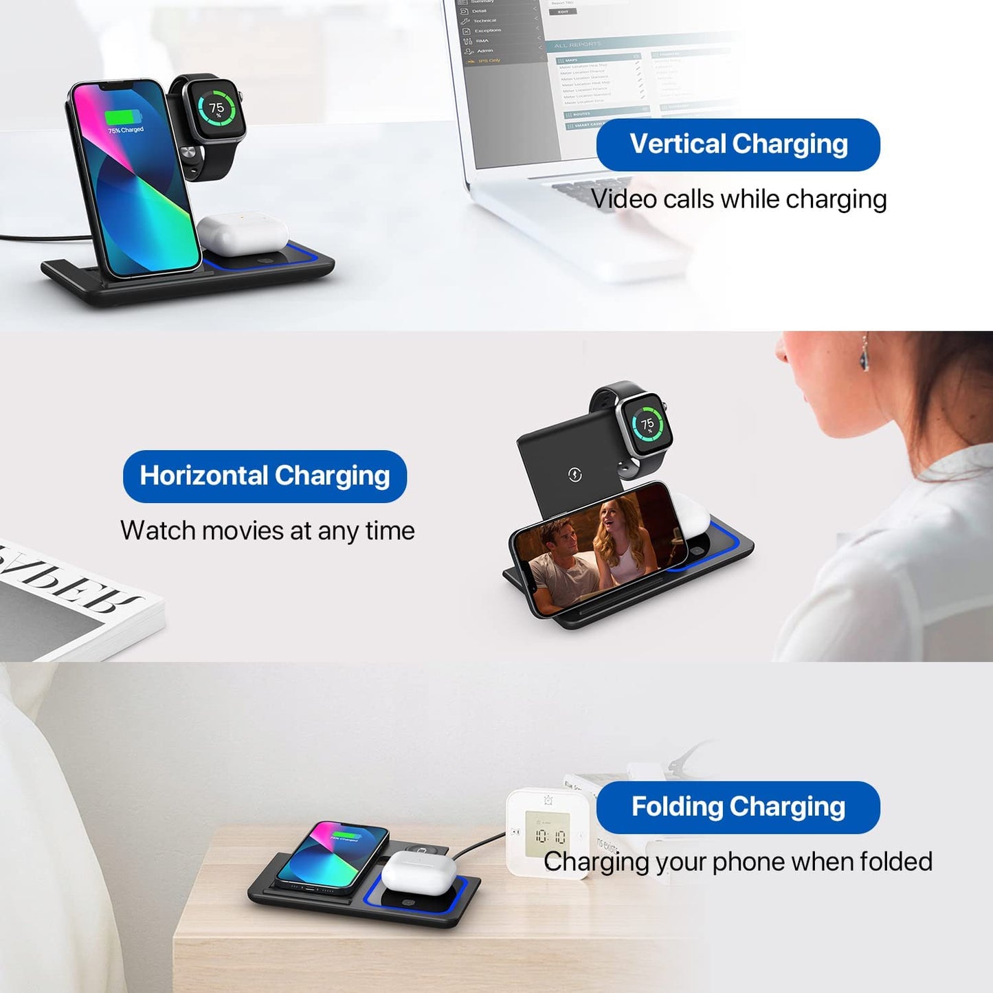 Wireless Charger, 3 in 1 Wireless Charging Station, Fast Wireless Charger Stand for Iphone 14/13/12/11/Pro/Max/Xs/Xr/X/8/Plus, for Apple Watch 8/7/6/5/4/3/2/SE, for Airpods 3/2/Pro(Black)  YOXINTA   