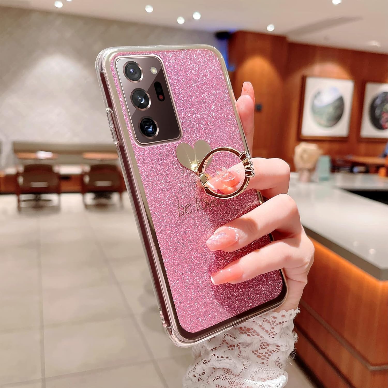 Case for Galaxy Note 20 Ultra 5G Girls Women Cute Luxury Glitter Shiny Sparkly Shell with Ring Stand UPC Soft Slim Bumper Shockproof Protective Phone Cover for Samsung Galaxy Note 20 Ultra 6.9" - Pink  Easyscen   