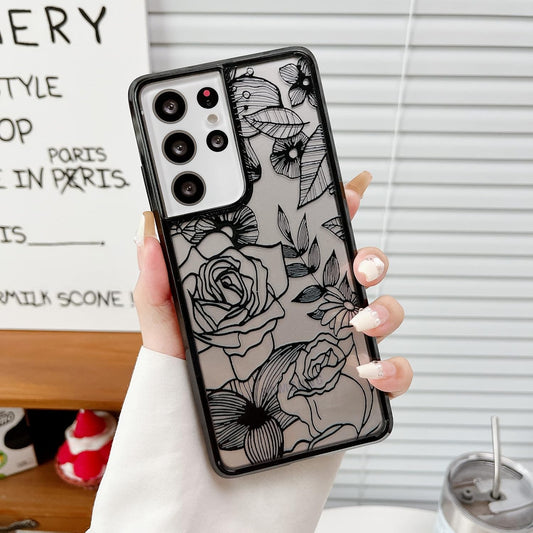 XIZYO for Samsung Galaxy S21 Ultra Case Floral Rose Phone Case Cute Aesthetic Phone Case for Women Girls Clear Back Cover Pattern Slim Anti-Yellow Shockproof TPU Bumper Case, Black  XIZYO   