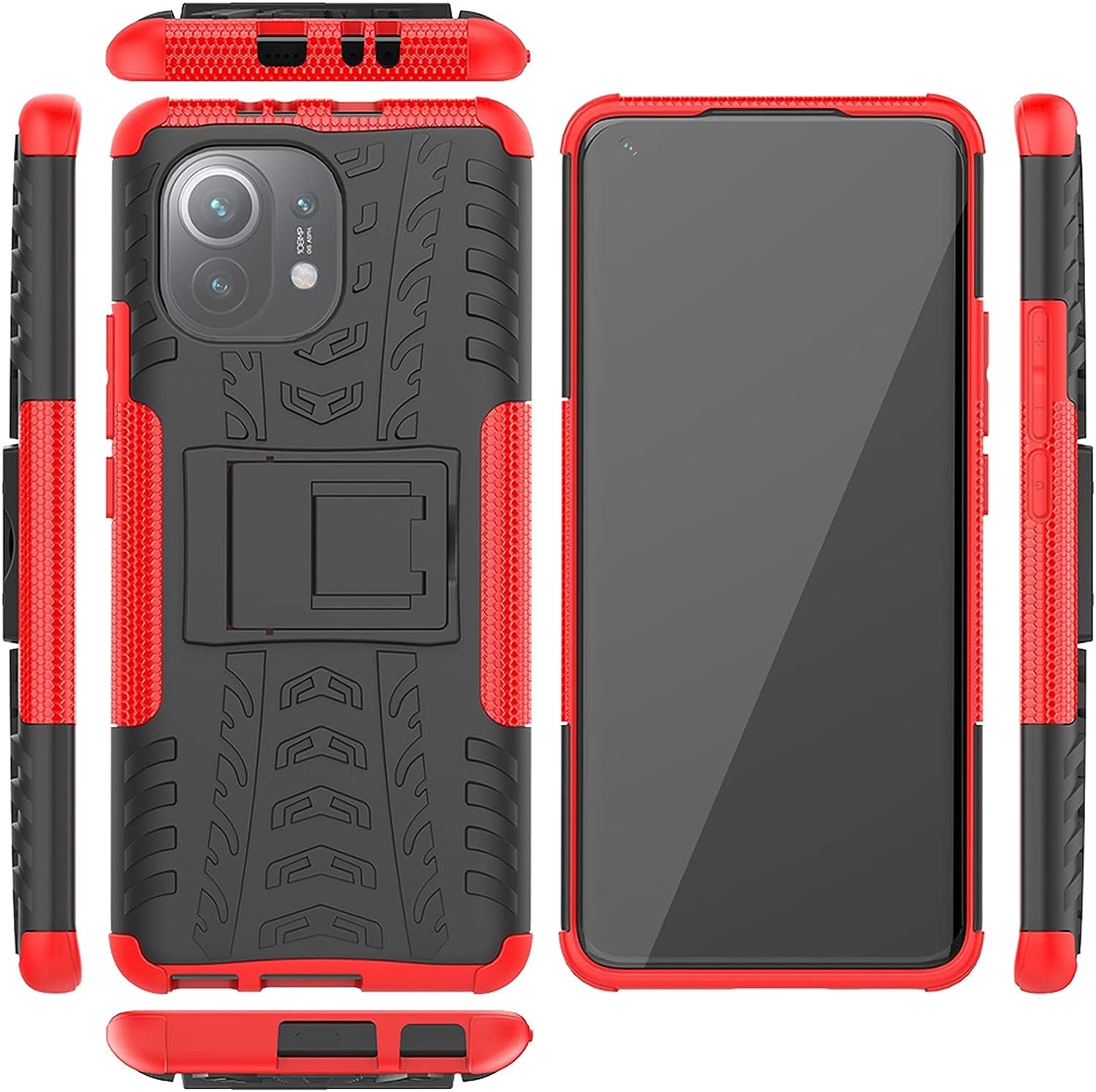 Phone Case for Xiaomi Mi 11 5G with Tempered Glass Screen Protector Cover and Stand Kickstand Slim Hard Rugged Hybrid Protective Cell Accessories Mi11 G5 Cases Men Boys Women Girls Kids Black Red  Asuwish   