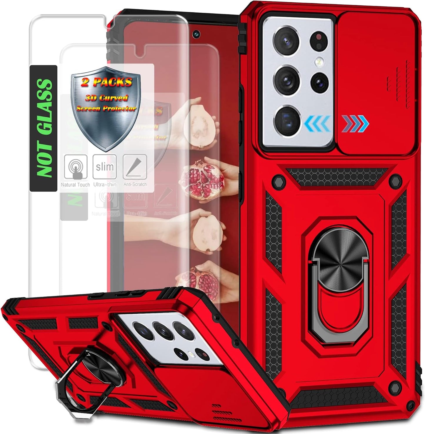 AYMECL Case for S21 Ultra 5G,Galaxys21 Ultra 5G Case with Slide Camera Cover&[2 Packs] Self-Healing Film,360° Rotate Ring Stand Magnetic Cover Case for Samsung Galaxy S21 Ultra 5G 6.8"-Blue  AYMECL Tc-Red  