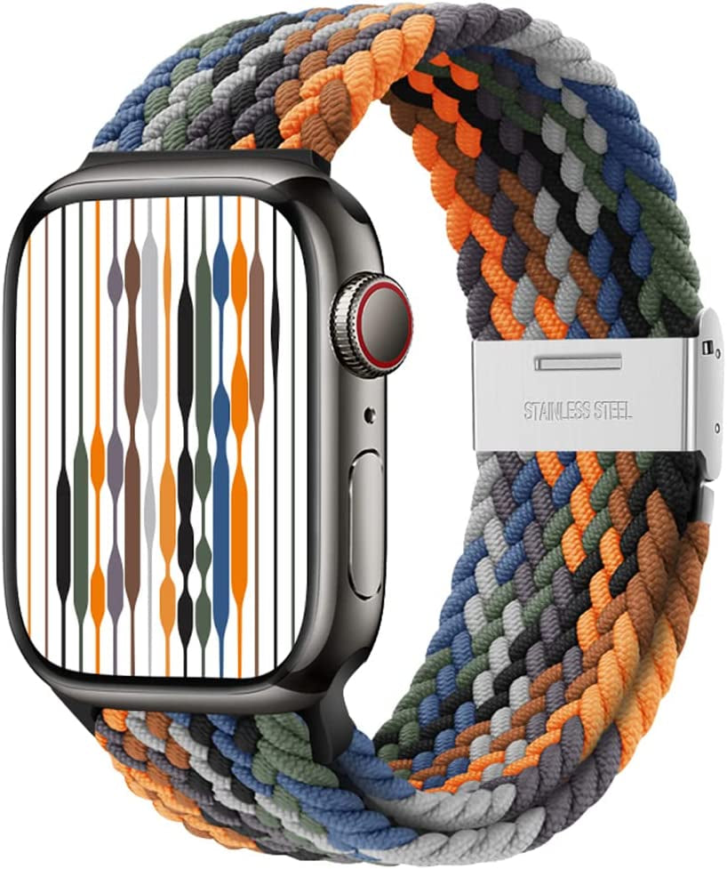 Qimela Compatible with Apple Watch Band 49Mm 45Mm 44Mm 42Mm,Stretchy Sport Solo Loop Strap with Adjustable Buckle,Elastic Nylon Braided Wristband for Iwatch Series 8 7 6 SE 5 4 3 2 1 Ultra,Women Men  FS-TECH Camouflage (with Silver Buckle) 42mm/44mm/45mm/49mm 