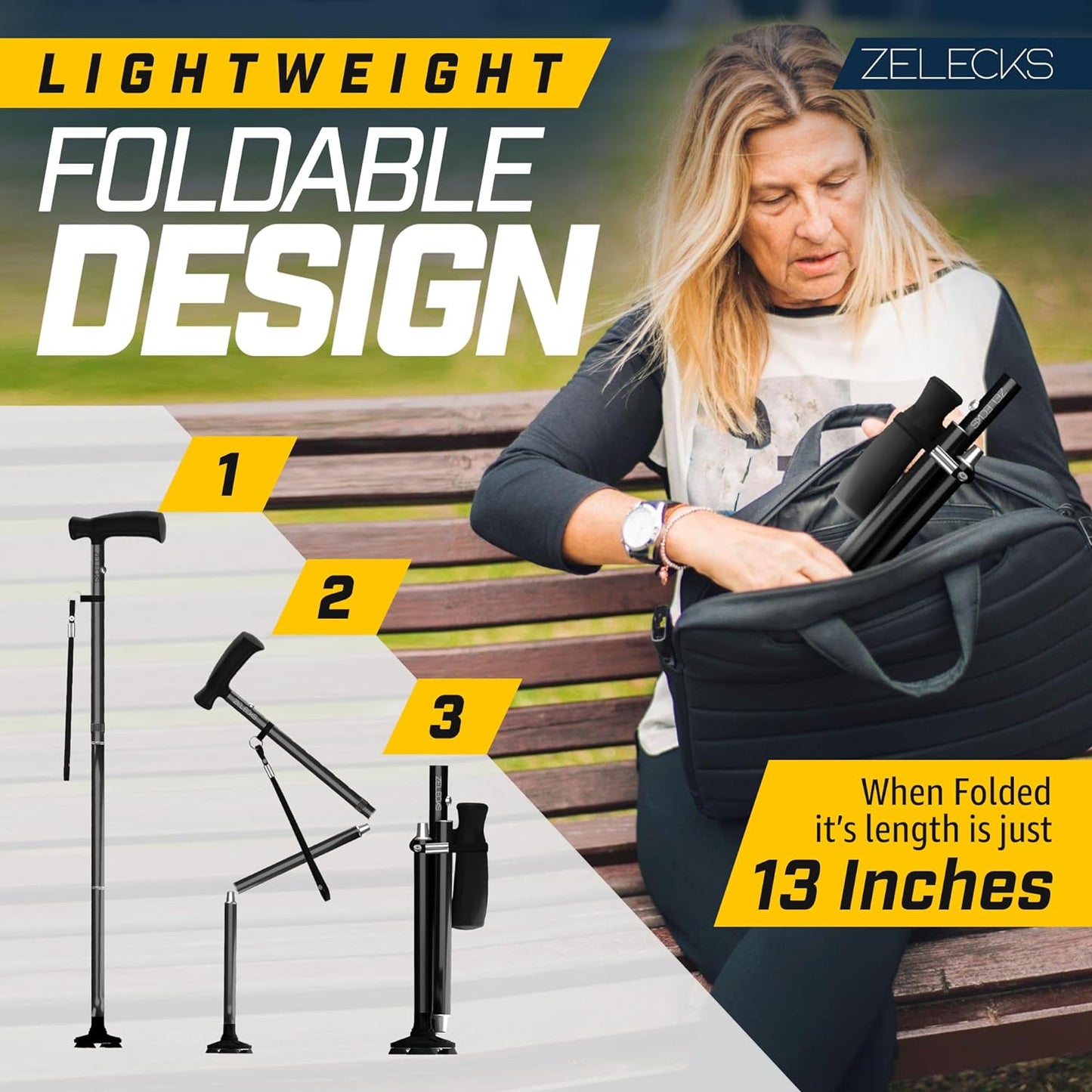 ZELECKS Walking Cane for Women & Men - Self Standing Adjustable Folding Cane with T Handle and 360 Pivot Base - Lightweight Foldable Walking Stick for Seniors - Collapsible Cane for Walking  ZELECKS   