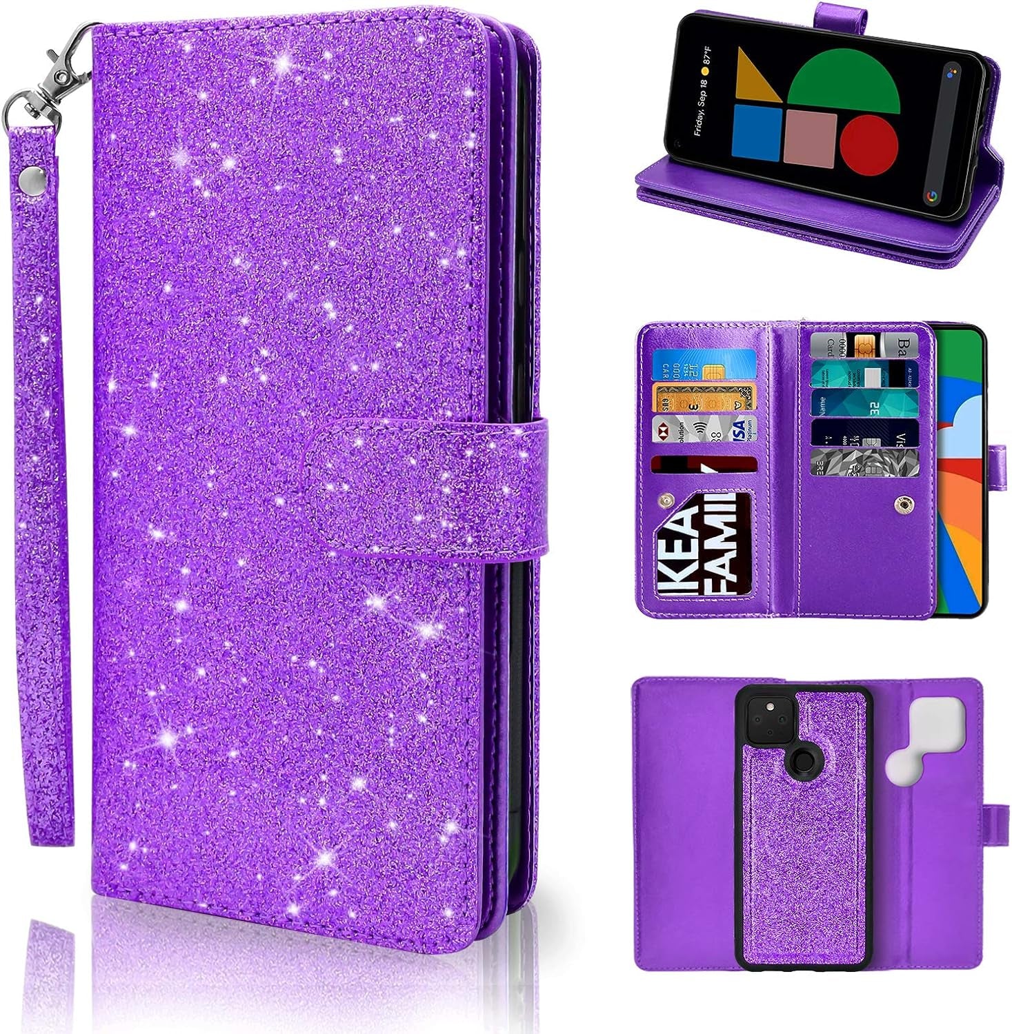 Newseego Compatible Google Pixel 5 Leather Case 6Inch,Glitter Faux PU Leather Magnetic Closure Multi-Credit Card Slot Cash Holder Detachable 2 in 1 Wallet Cover with Wrist Strap-Purple  Newseego   