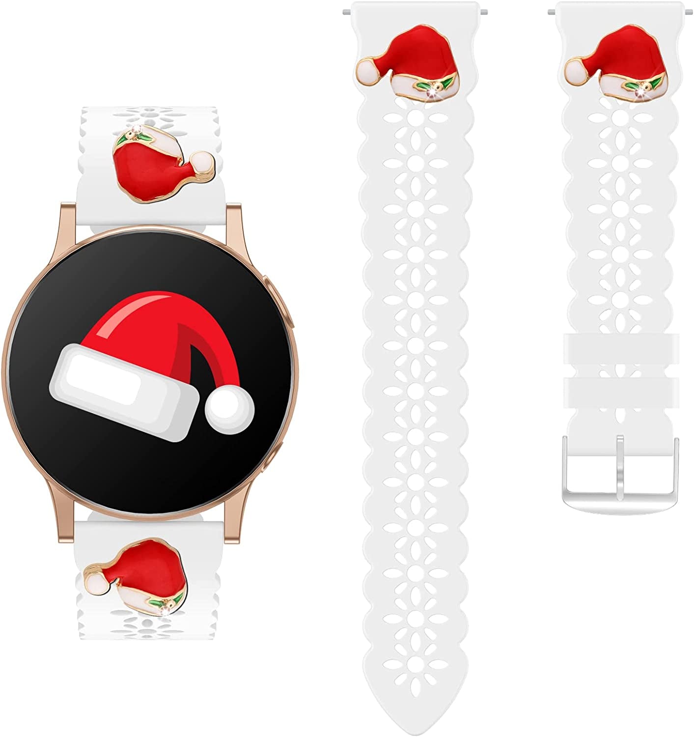 Lace Silicone Band 20Mm Compatible for Samsung Galaxy Watch 4 40Mm 44Mm/Watch 3 41Mm/Active 2 Watch Bands 40Mm 44Mm/Watch 4 Classic 42Mm 46Mm, Slim Bands Soft Smartwatch Strap for Women(Black)  Seizehe White with Christmas hat charms  