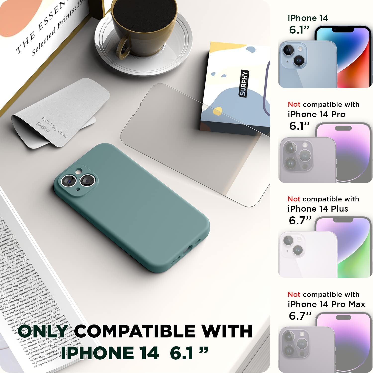 SURPHY Compatible with Iphone 14 Case with Screen Protector (Camera Protection + Soft Microfiber Lining) Liquid Silicone Phone Case 6.1 Inch 2022, Cactus Green  SURPHY   