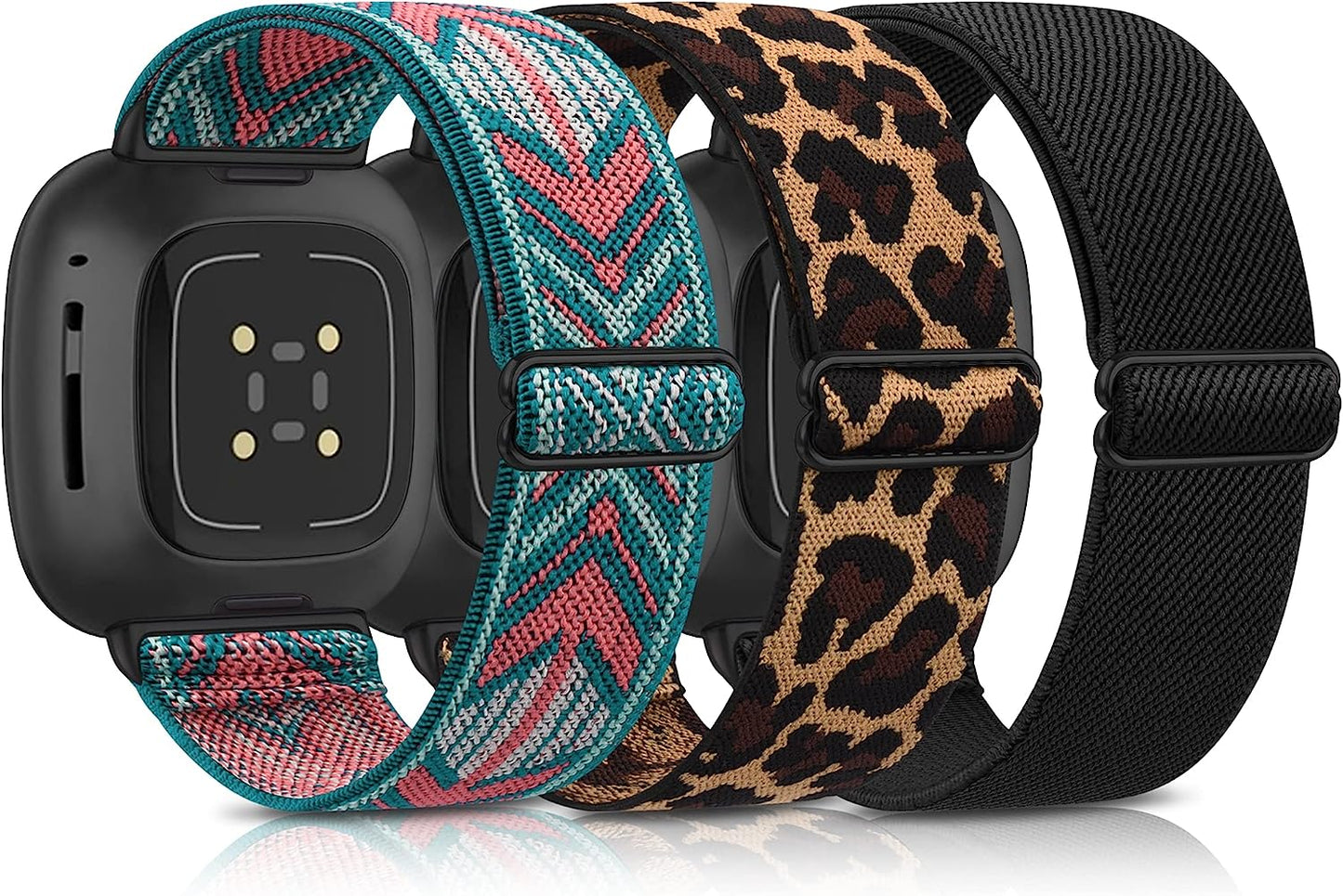 3 Pack Elastic Nylon Bands for Fitbit Sense Bands & Fitbit Versa 3 Bands Women Men, Skin-Friendly Soft Breathable Replacement Band for Fitbit Versa 3 & Fitbit Sense  Meliya Black+Green Arrow+Leopard  