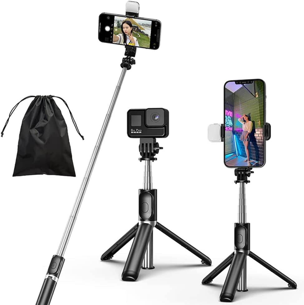KOMI Selfie Stick - 4 in 1 Selfie Stick Tripod Extendable Phone Tripod Portable with Detachable Wireless Remote Compatible with Iphone Samsung Camera Android (Mini Black)  KOMI Black+Light  