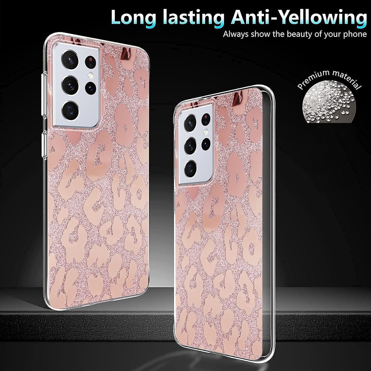 J.West Galaxy S21 Ultra 5G Case 6.8-Inch,Luxury Saprkle Bling Glitter Leopard Print Design Soft Metallic Slim Protective Phone Cases for Women Girls Clear TPU Bumper Silicone Cover Case Rose Gold  J.west   