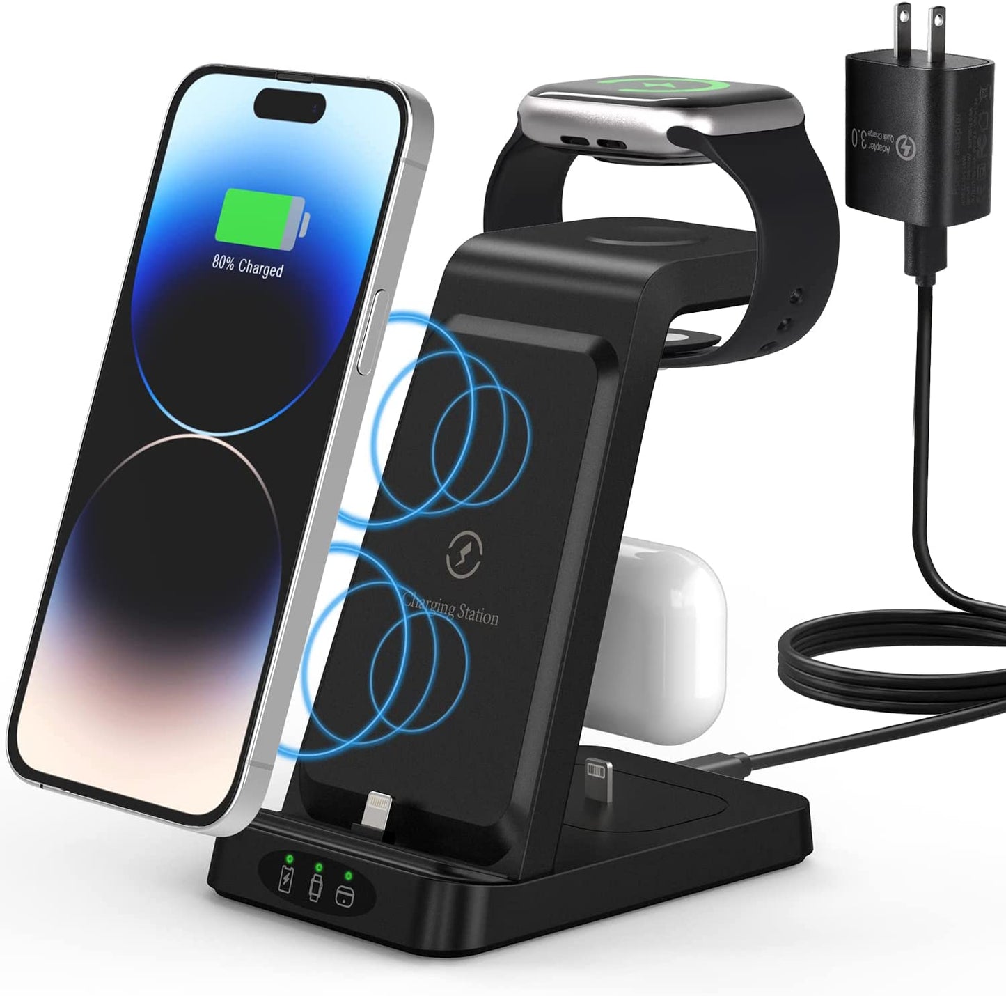 Charger Station for Apple Multiple Devices, 3 in 1 Fast Wireless Charging Dock Stand for Apple Watch 8 7 6 SE 5 4 3 2 Iphone 14 13 12 11 Pro X Max XS XR 8 7 plus 6S 6 Airpods 1 2 3 Pro with Adapter  Shenzhen Midason Technology Co.,Ltd   
