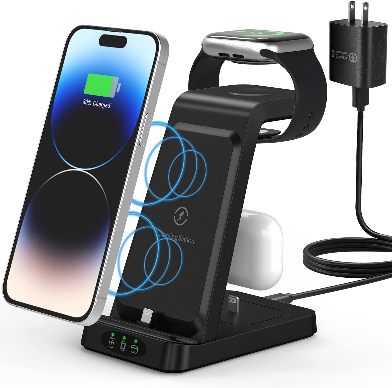 Charger Station for Apple Multiple Devices, 3 in 1 Fast Wireless Charging Dock Stand for Apple Watch 8 7 6 SE 5 4 3 2 Iphone 14 13 12 11 Pro X Max XS XR 8 7 plus 6S 6 Airpods 1 2 3 Pro with Adapter  Shenzhen Midason Technology Co.,Ltd   