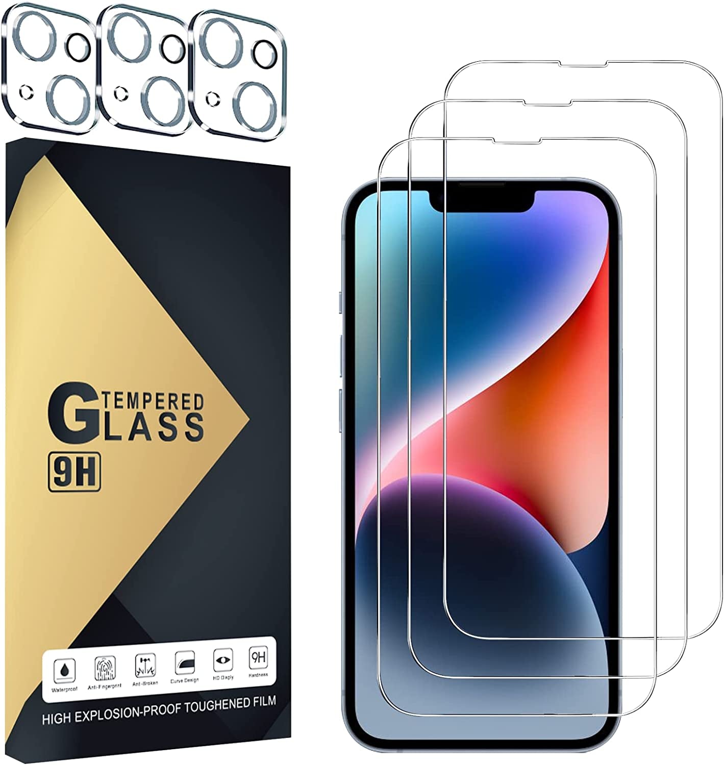 CWQZGUF JXJ 3 Pack Tempered Glass for Iphone 14 6.1 Inch, 3 Pack Camera Lens Screen Protector, 9H Hardness, Case Friendly, Case Friendlyanti-Scratch, Touch Sensitive, HD Clear Film for Iphone 14  JXJ-nsm14   