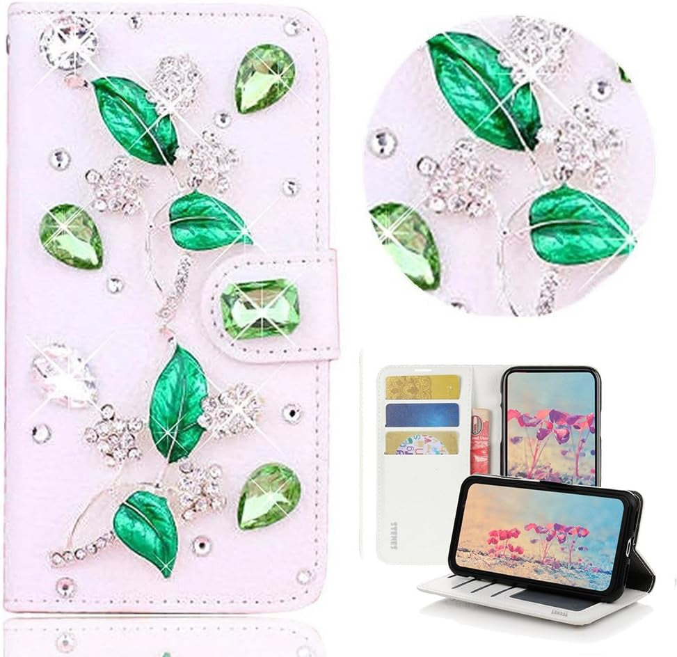 STENES LG G6 Case, LG G6 plus Case - Stylish - 3D Handmade Bling Crystal Butterfly Flowers Floral Wallet Credit Card Slots Fold Stand Leather Cover Case for LG G6/LG G6 plus - Blue  STENES Leaf / Green  