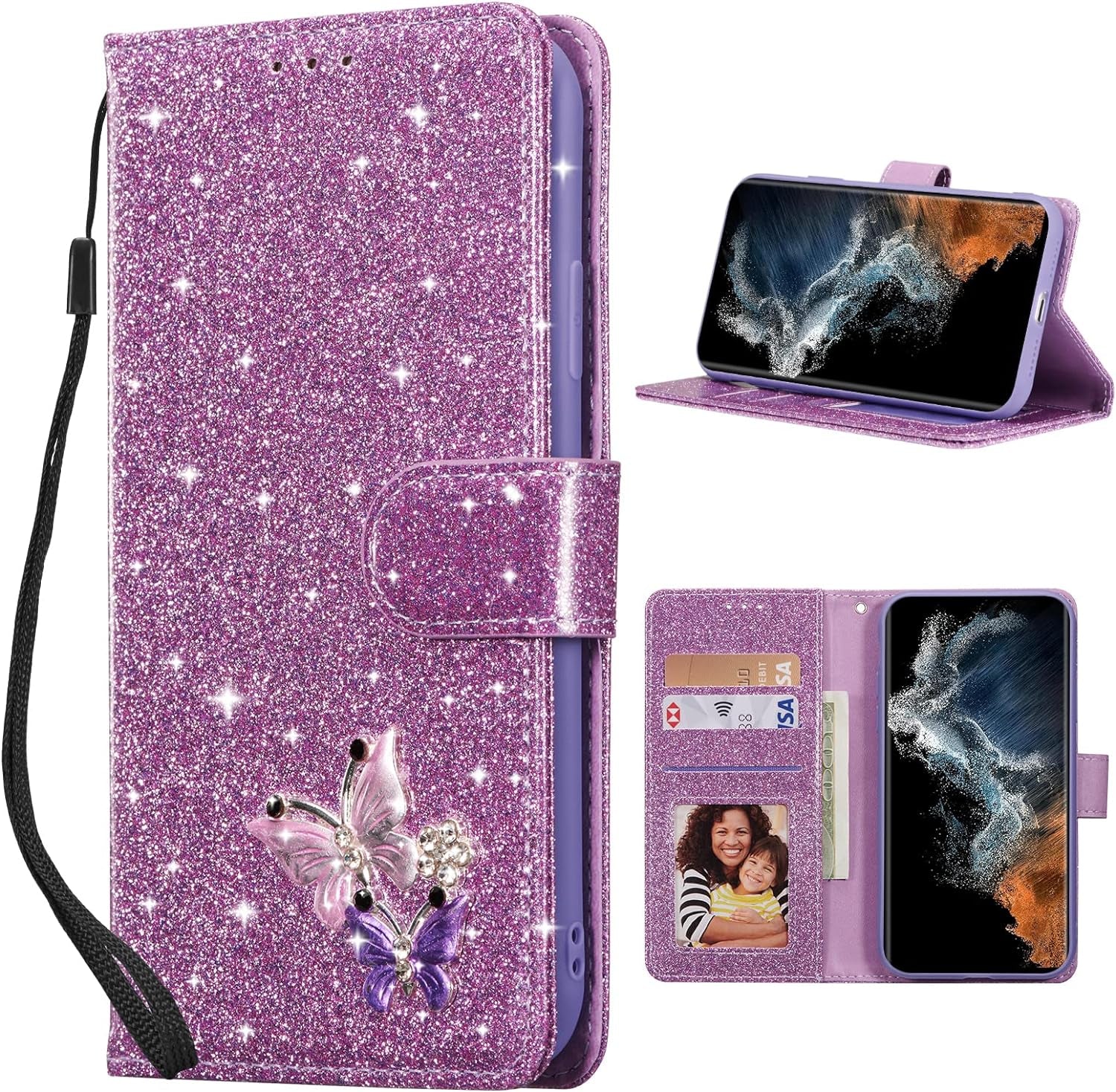 UEEBAI Wallet Case for Samsung Galaxy A53 5G, Premium Glitter PU Leather Phone Case Card Slots Kickstand Case Magnetic Closure Bling Handbag Case Shockproof Hand Strap Flip Cover - Glitter Purple  UEEBAI Glitter Purple Samsung Galaxy S23 Ultra 5G 