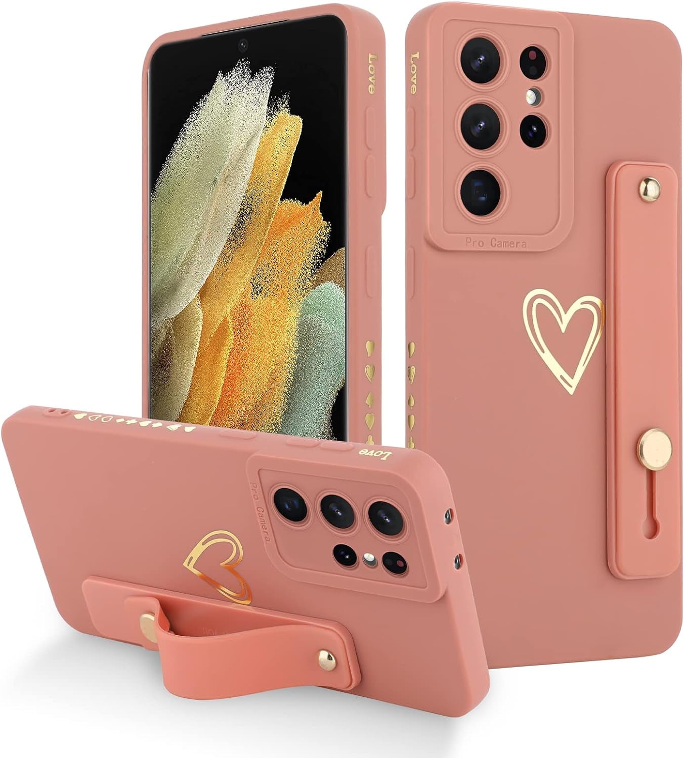 Fiyart Designed for Samsung Galaxy S21 Ultra Case with Phone Stand Holder Cute Love Hearts Protective Camera Protection Cover with Wrist Strap for Women Girls for Galaxy S21 Ultra 6.8"-Pink  Fiyart   