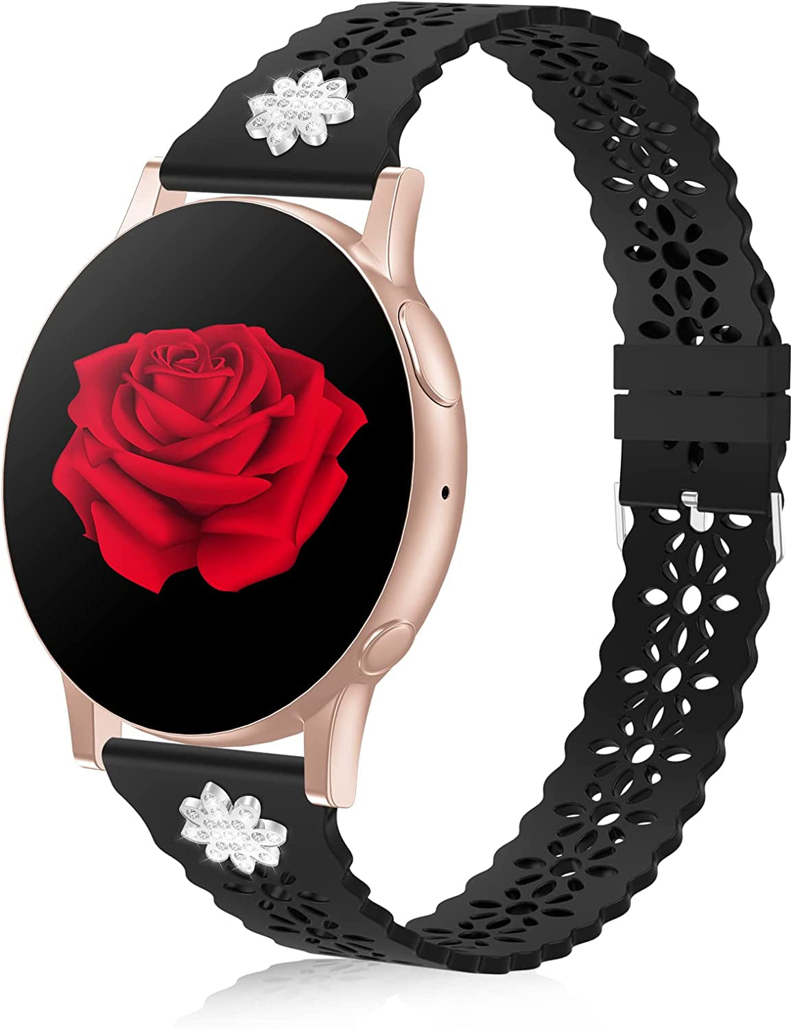 Lace Silicone Band 20Mm Compatible for Samsung Galaxy Watch 4 40Mm 44Mm/Watch 3 41Mm/Active 2 Watch Bands 40Mm 44Mm/Watch 4 Classic 42Mm 46Mm, Slim Bands Soft Smartwatch Strap for Women(Black)  Seizehe Black with Silver Diamond  