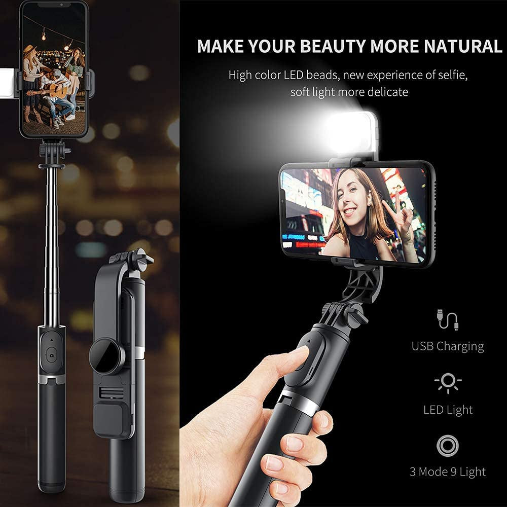 Enkarl Selfie Stick Tripod with Light, All in One Cell Phone Tripod, Cellphone Tripod with Wireless Remote and Phone Holder, Portable, Lightweight,Compatible with All Phones(Black)  Enkarl   