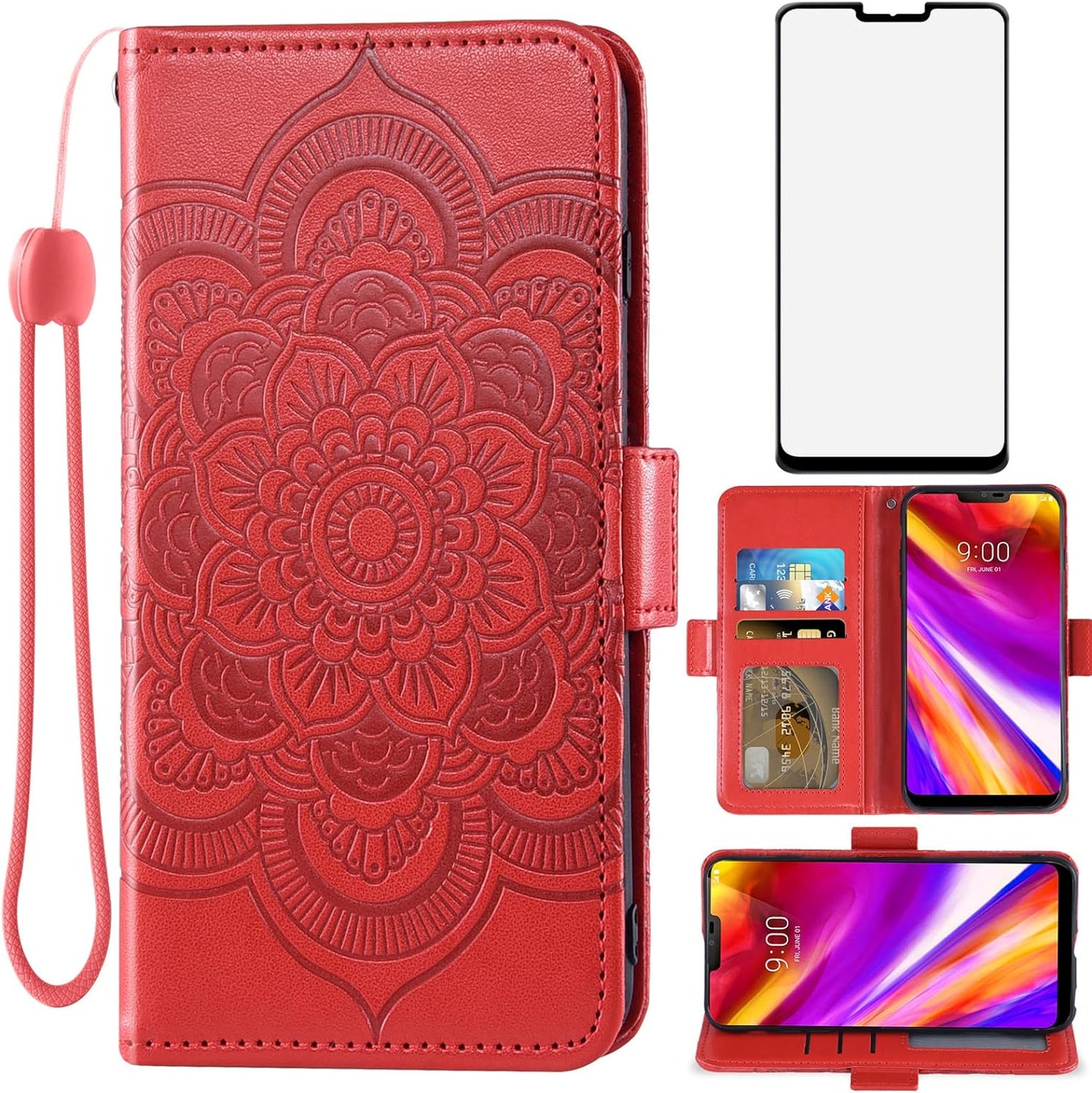 Compatible with LG G7 Thinq Wallet Case and Tempered Glass Screen Protector Flip Cover Card Holder Cell Phone Cases for LGG7 One G 7 plus LG7 Fit Lg7Thinq 7G Thin Q G7+ G7Thinq Lgg7Thinq Men Rose Gold  Asuwish Red  