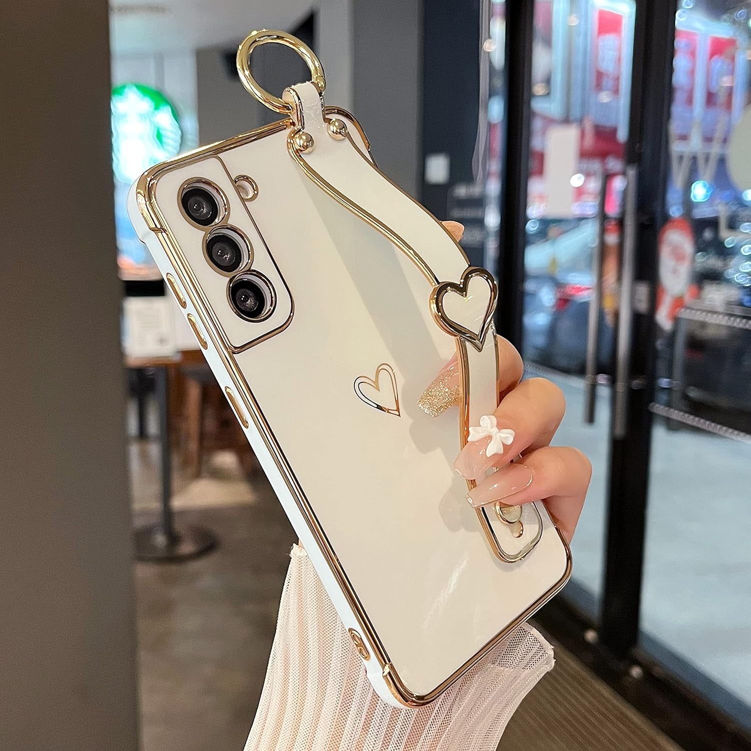 ZTOFERA Designed for Samsung Galaxy S21 plus 5G Case with Wristband,Plating Edge Love Hearts Pattern Hand Strap Finger Holder Kickstand Case,Soft Shockproof Cover for Girls Women,White  ZTOFERA   