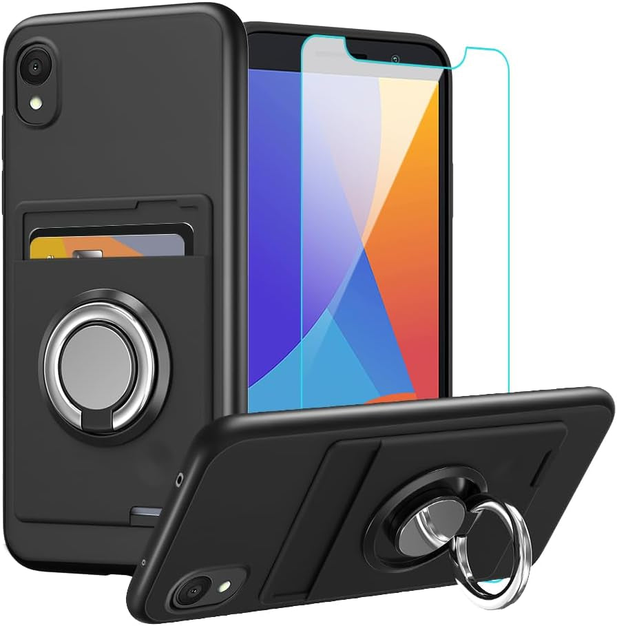 Anneey for Oneplus 11 5G Phone Case with Tempered Glass Screen Protector, Card Holder with Ring Stand Case for 1+ 11 5G Cover - Black  Anneey   