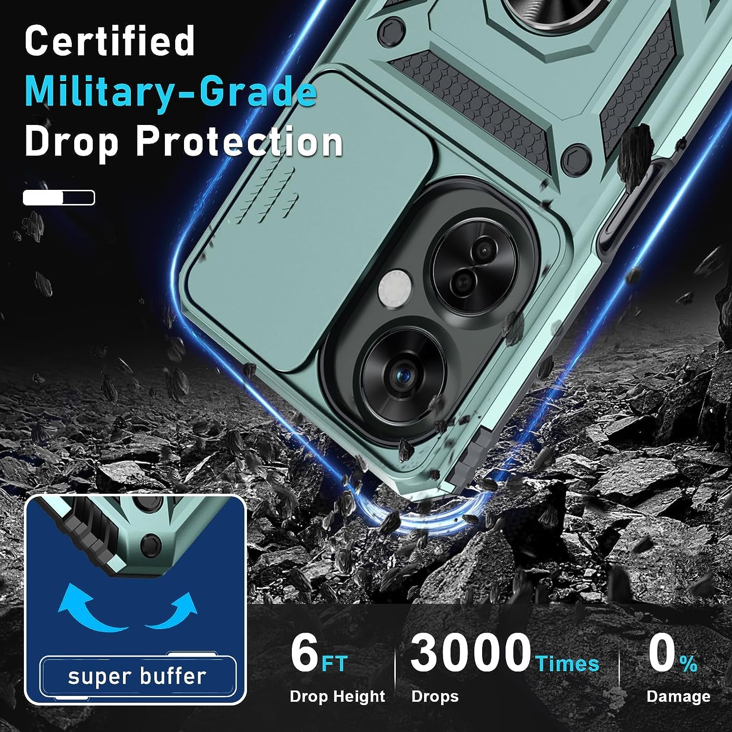 Janmitta Oneplus Nord N30 5G Case Built in Slide Camera Lens Cover+Screen Protector+Finger Ring Holder Kickstand,Heavy Duty Shockproof Full Body Protective Phone Cover,2023 Dark Green  Janmitta   