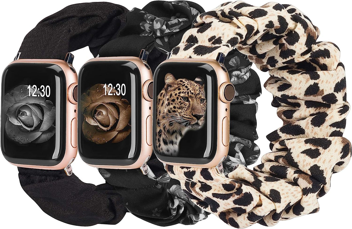 TOYOUTHS 3 Packs Compatible with Apple Watch Band Scrunchies 49Mm(Ultra)/45Mm/44Mm/42Mm Cloth Soft Pattern Printed Fabric Bracelet Women Iwatch Elastic Scrunchy Band Series SE 8 7 6 5 4 3 2 1 S/M  TOYOUTHS Leopard/Black Grey/Black 41/40/38mm M/L(6.0" - 6.9" Wrist) 