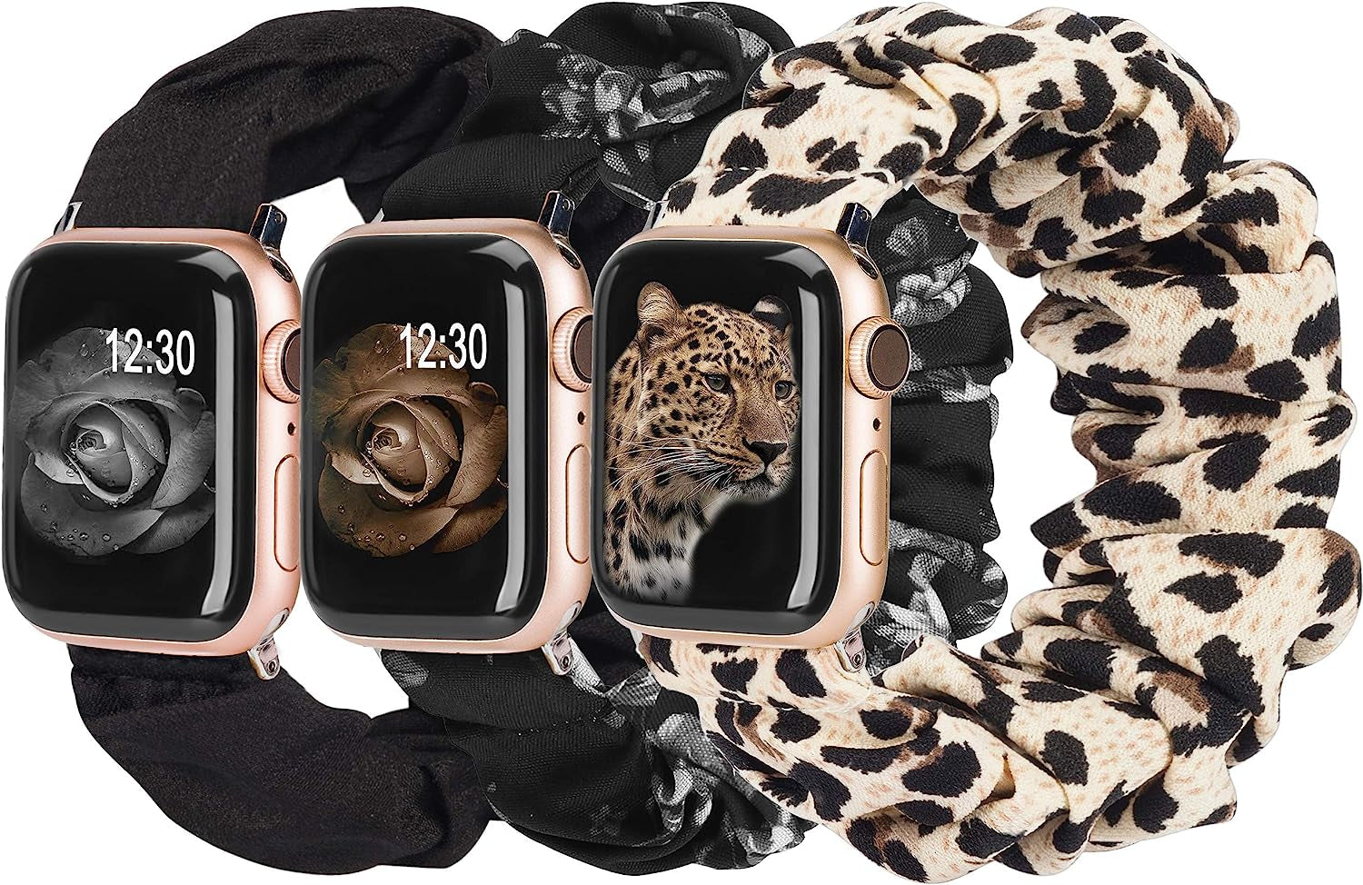 TOYOUTHS 3 Packs Compatible with Apple Watch Band Scrunchies 49Mm(Ultra)/45Mm/44Mm/42Mm Cloth Soft Pattern Printed Fabric Bracelet Women Iwatch Elastic Scrunchy Band Series SE 8 7 6 5 4 3 2 1 S/M  TOYOUTHS Leopard/Black Grey/Black 41/40/38mm M/L(6.0" - 6.9" Wrist) 