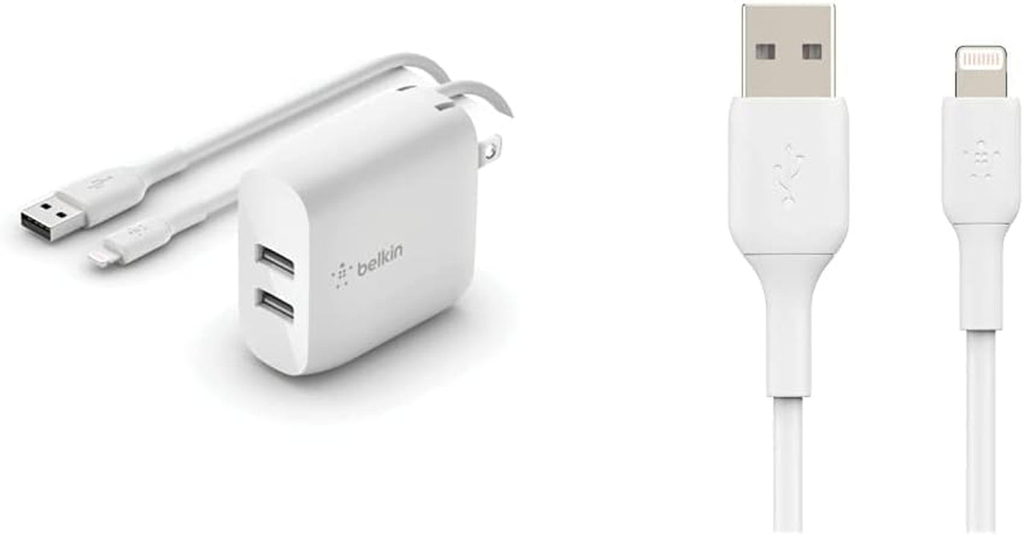Belkin 24W Dual Port USB Wall Charger - Iphone Fast Charging - USB Charging Block for Power Bank, Iphone 14, Iphone13, Iphone 12, Iphone 11, Ipad Pro, Samsung & More, Iphone Cable Not Included  Belkin Includes Lightning Cable Charger + Cable (White, 3m) 
