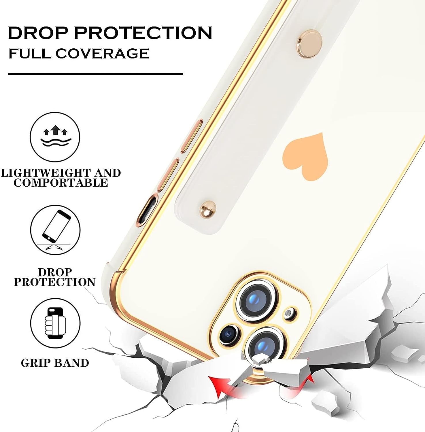 YINLAI Iphone 13 Case, Iphone 13 Cover 6.1 Inch with Finger Loop Holder Wrist Strap Kickstand Hearts Pattern Love Plating Women Girls Slim Fit Soft Shockproof Protective Phone Cases,White  YINLAI   