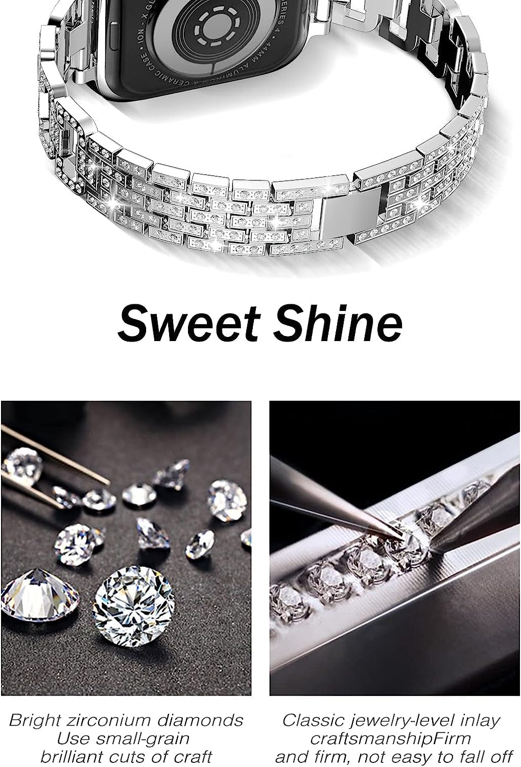 SIBOLOO for Apple Watch Band 45Mm 44Mm 42Mm 41Mm 40Mm 38Mm Series 7 Series 6 5 4 3 2 1 SE, Diamond Rhinestone Stainless Steel Iwatch Band, Bling Replacement Bracelet Metal Wristband Strap  SIBOLOO   