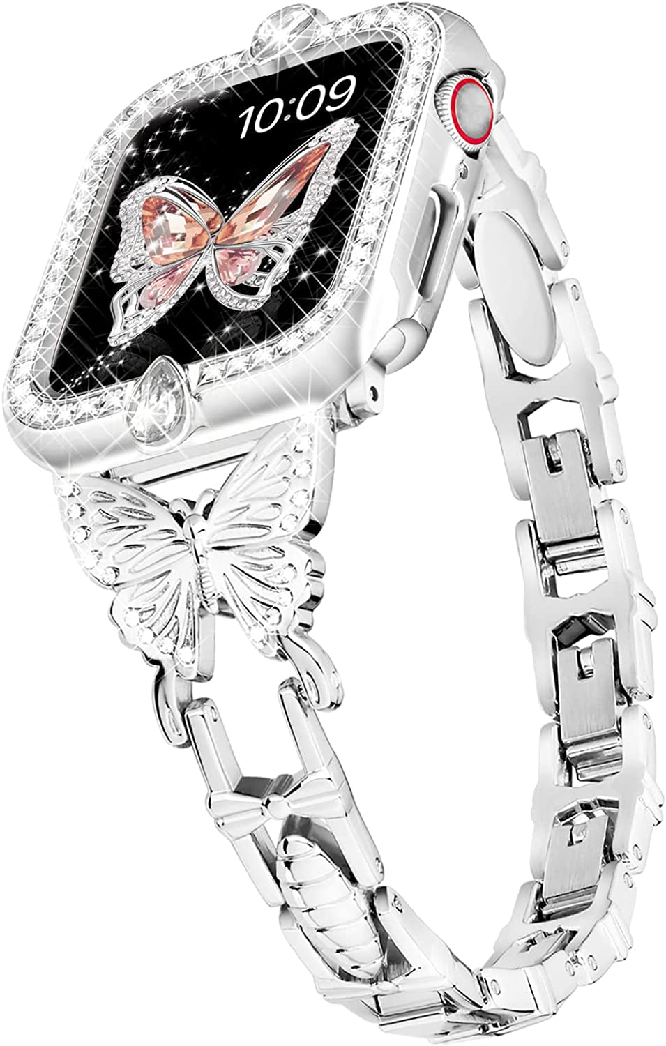 Wipalor Compatible with Apple Watch Band 42Mm 44Mm 45Mm 49Mm, Lightweight for Women, Easy Adjustable Bracelet, Shiny Diamond on Butterfly, Jewelry Metal Strap for Iwatch Series 8 7 6 5 4 3 2 1 SE Ultra(Rose Gold)  NB-tech Company White Diamond Case&Silver Band Case+Band 40mm 