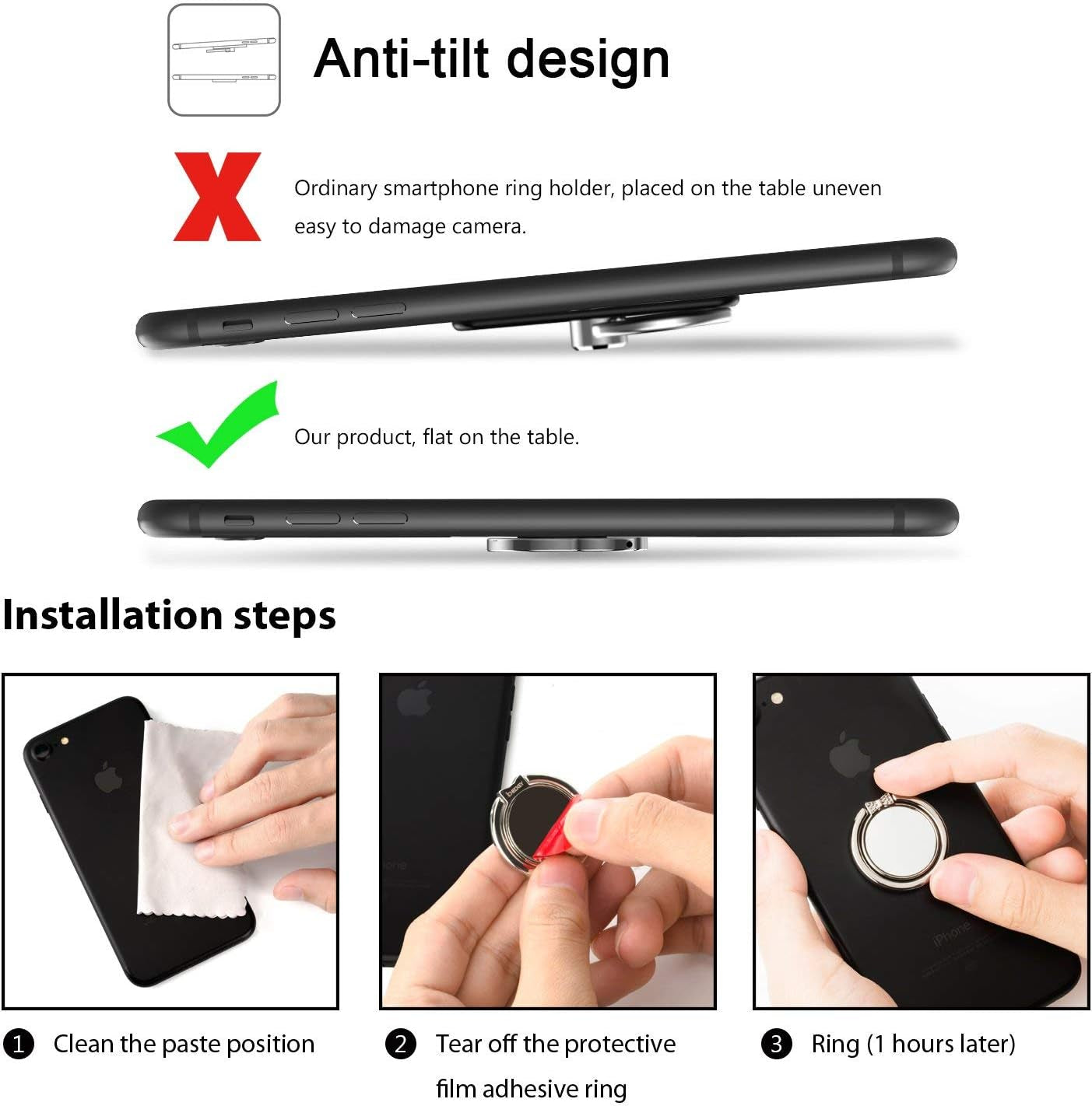 VASIVO Mirror Phone Ring Holder, 360° Swivel Ring Holder Finger Holder Holder for Iphone 7/7 Plus, Galaxy S8/S8 plus and Other Smartphones (Silver 2Pack)  VASIVO   