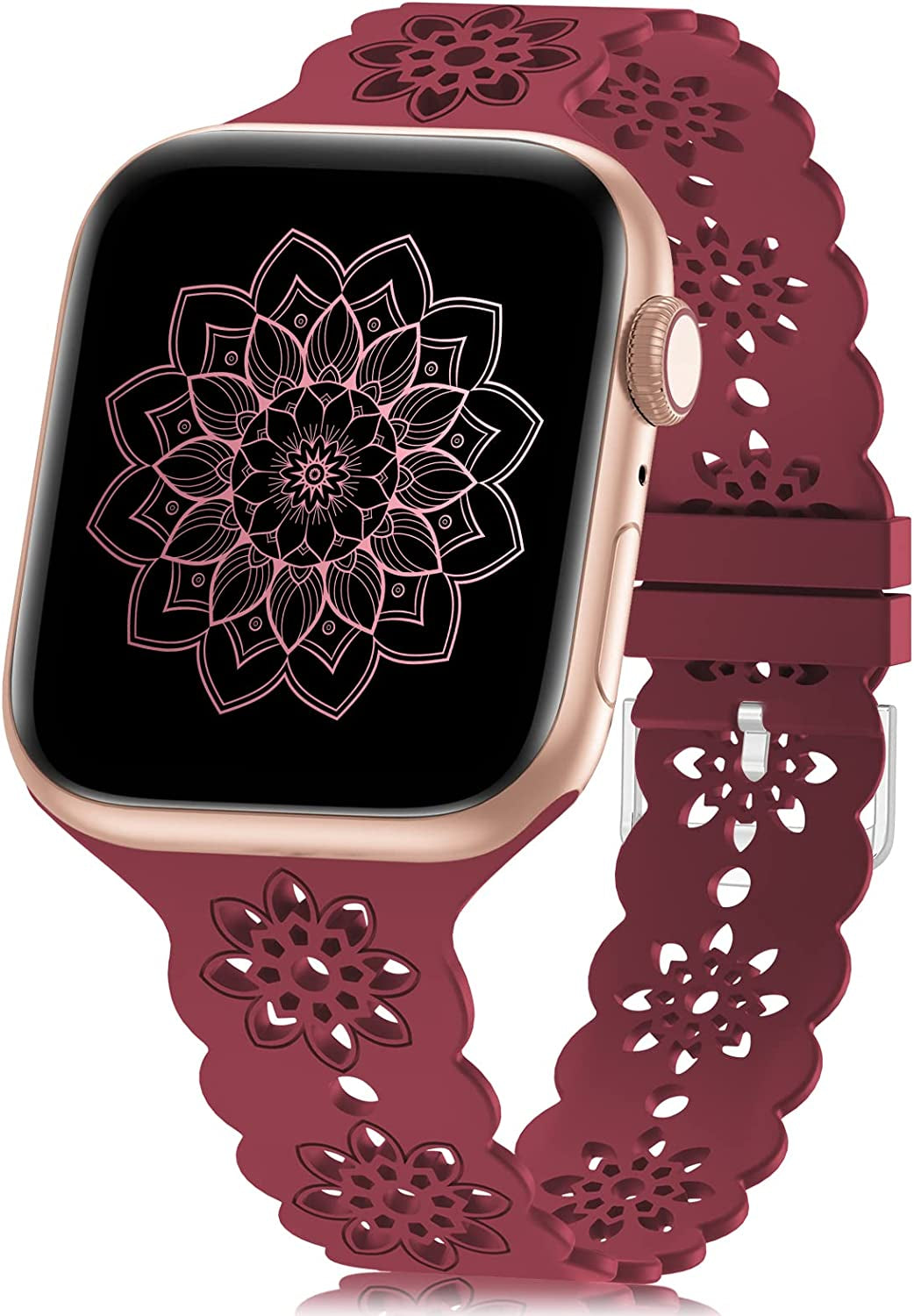 Floral Silicone Band Compatible with Apple Watch Bands 38Mm 40Mm 42Mm 44Mm 41Mm 45Mm 49Mm Women Men, Slim Hollow-Out Design Wristbands Soft Sport Breathable Watch Bands for Iwatch Ultra SE Series 8/7/6/5/4/3/2/1  Wewatri Wine Red 38mm/40mm/41mm 