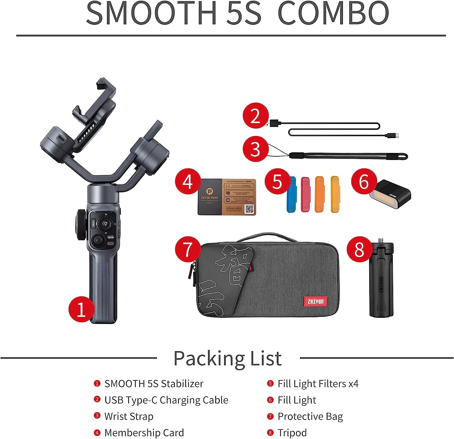 Zhiyun Smooth 5S Combo Professional Gimbal Stabilizer for Smartphone, Handheld 3-Axis Phone Gimbal, Portable Stabilizer Compatible with Iphone and Android - Gray  ZHIYUN   