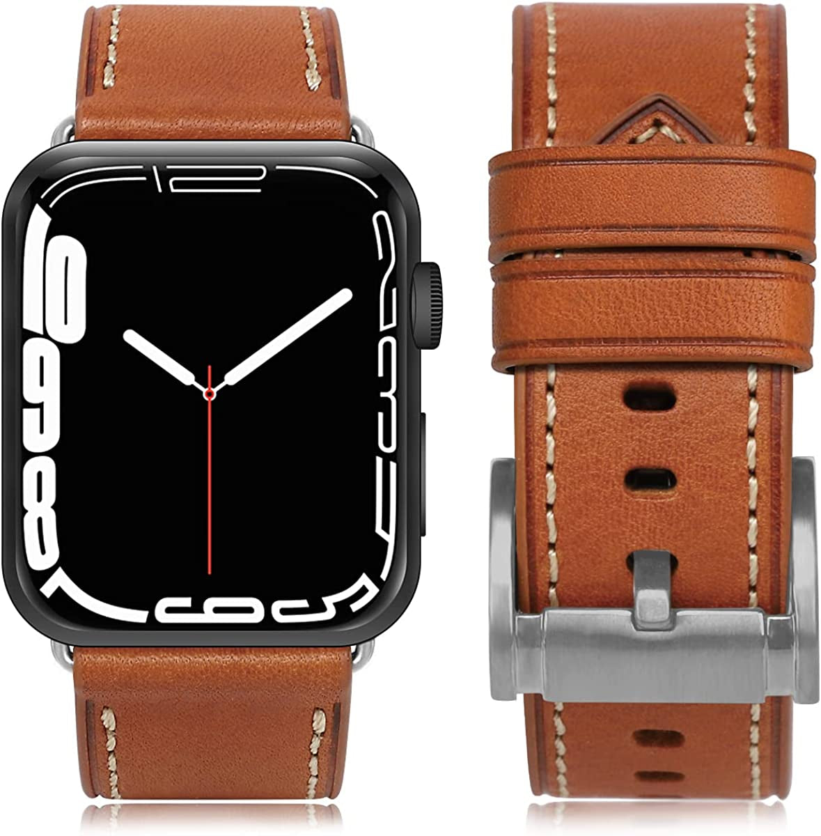 HUAFIY Compatible for Apple Watch Bands 42Mm 44Mm45Mm 49Mm 38Mm 40Mm41Mm, Genuine Leather Band Strap for Iwatch Series 8,7,6,5,4,3,2,1, Ultra Sport SE  huahuei Vegetable Tanned Leather Brown Silver Buckle 42mm 44mm45mm49mm 