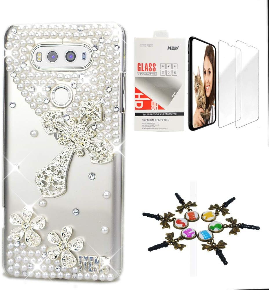 STENES Bling Case Compatible with LG V30 - Stylish - 3D Handmade [Sparkle Series] Flowers Floral Design Cover with Screen Protector [2 Pack] - Pink  STENES Cross Flowers / Silver Design For Lg V40 Thinq 