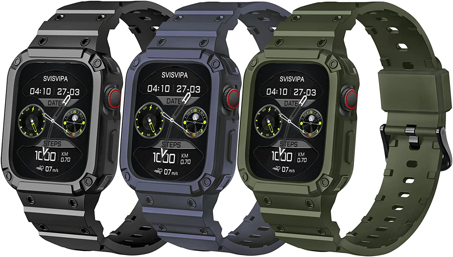 [2 Pack] SVISVIPA Band with Case Compatible for Apple Watch 45Mm 44Mm 42Mm Iwatch Series 8 7 SE 6 5 4 3 2 1 Strap, Men Women Sport Strap with Bumper Rugged Shockproof Military Protective, 2 Pack (Black，Army Green）  SVISVIPA i-Black/Army Green/Navy Blue Ultra 49mm 