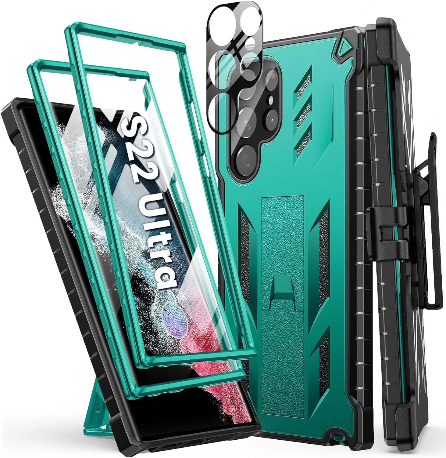 FNTCASE for Samsung Galaxy S22 Ultra Case: Built-In Screen Protector & Kickstand & Belt-Clip Holster, Extra Front Frame Full-Body Dual Layer Rugged Heavy Duty Shockproof Protective Phone Cover-Orange  FNTCASE Bean Green  