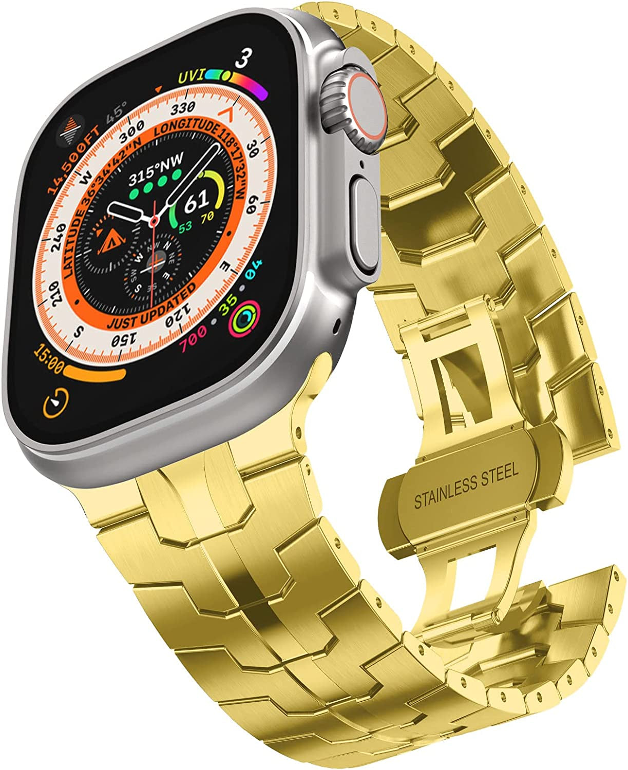 CHANCHY Stainless Steel Band for Apple Watch Ultra Band 49Mm 45Mm 44Mm 42Mm 38Mm 40Mm 41Mm, Metal Strap with Folding Clasp for Apple Watch Series 8 7 6 5 4 3 2 1 SE Men (Black, 49Mm 45Mm 44Mm 42Mm)  CHANCHY Gold 42mm/44mm/45mm/Ultra 49mm 