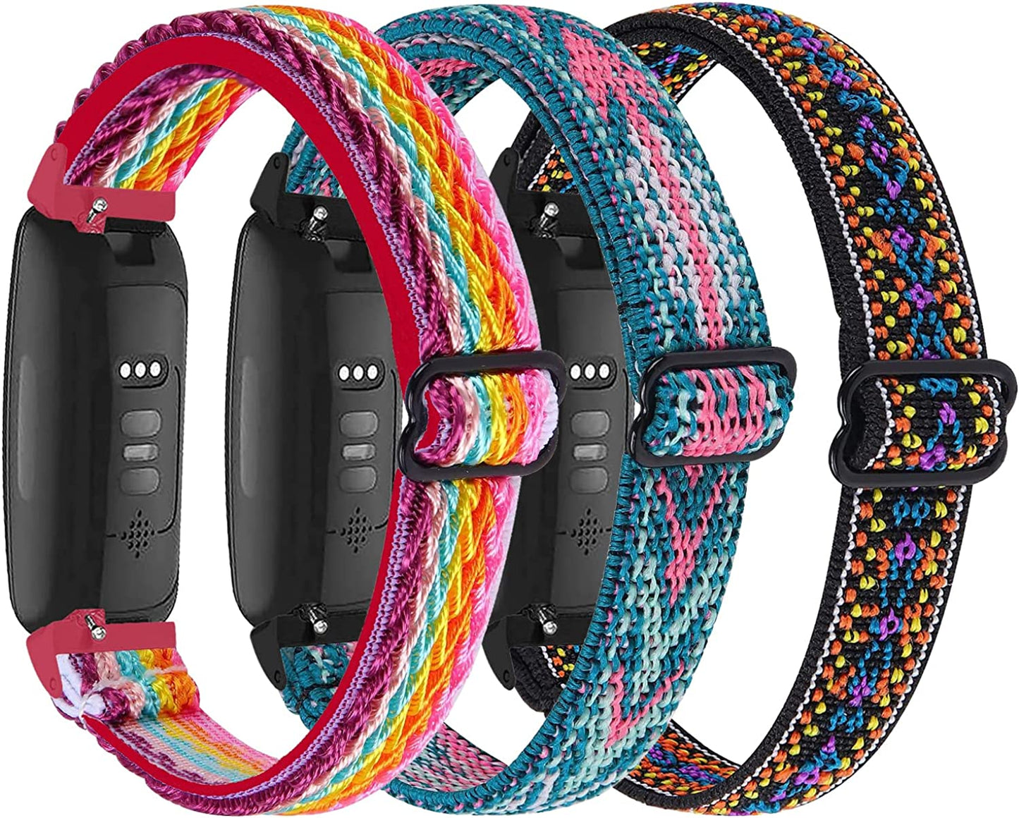 3-Pack Elastic Nylon Bands Compatible with Fitbit Inspire 3/Inspire 2/Inspire Hr/Inspire/Ace 3/Ace 2, Breathable Adjustable Replacement Stretchy Nylon Loop Wristband Sport Strap for Woman Man  voma Rainbow/ Green Arrow/ Boho Flower  