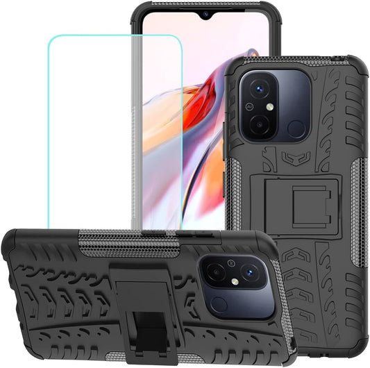 Yerebel for Redmi 12C Case, Poco C55 22120RN86G Case with Tempered Glass Screen Protector, with Kickstand Hard PC Back Cover Soft TPU Dual Layer Protection Phone Cover for Xiaomi Redmi 12C (Black)  Yerebel   
