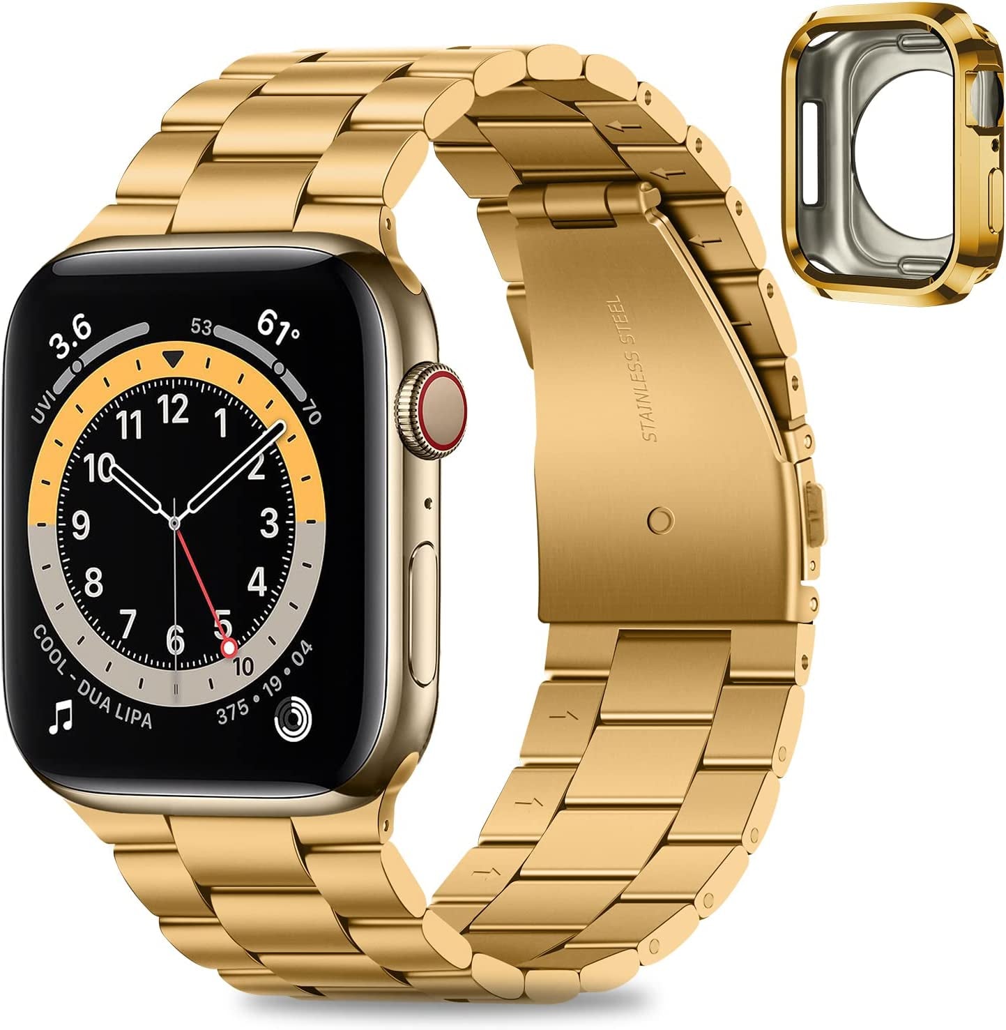 HITZEE Compatible with Apple Watch Band 45Mm 44Mm 42Mm Business Stainless Steel Metal Strap Men Women Link Bands with Case Compatible for Apple Watch SE Series 8 7 6 5 4 3 2 1, 42/44/45Mm Starlight  HITZEE Gold 38mm/40mm/41mm 