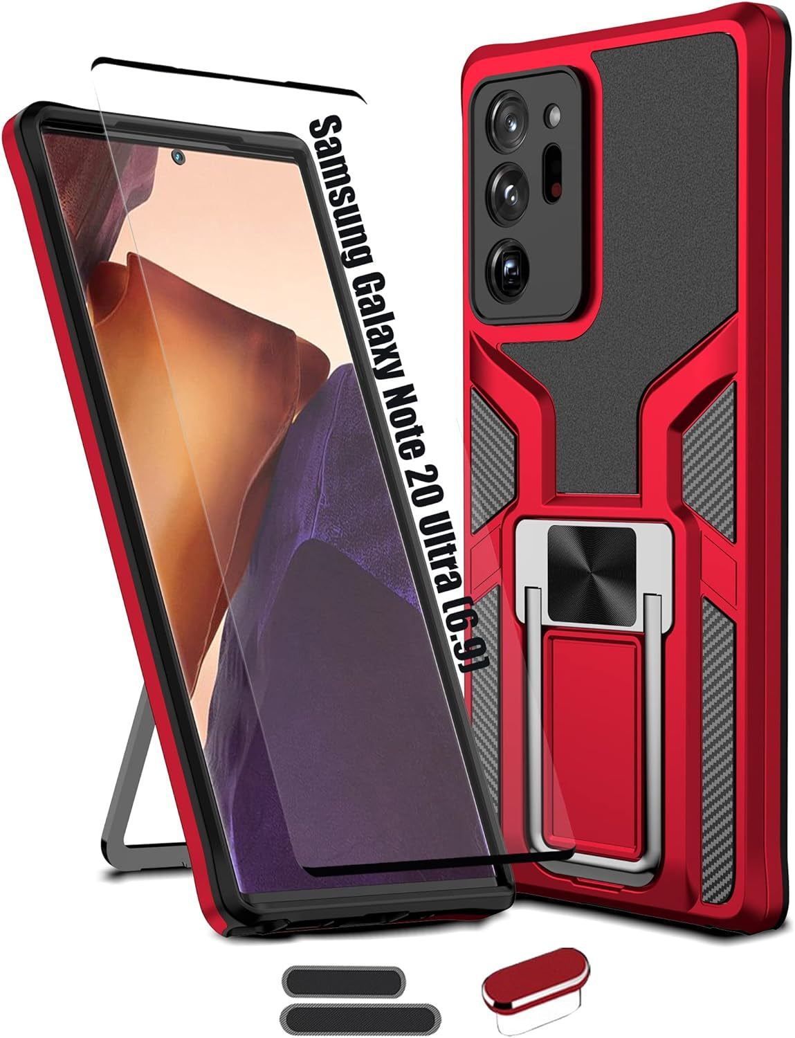 LMDAMZ Compatible Samsung Galaxy Note 20 Ultra Heavy Duty Military Grade Shockproof Kickstand Case Double Protection (TPU+PC) Solid and Durable Magnetic Car Phone Case, Suitable for 6.9 Inches (Black)  LMDAMZ Red For Samsung Galaxy Note 20 Ultra-Red 