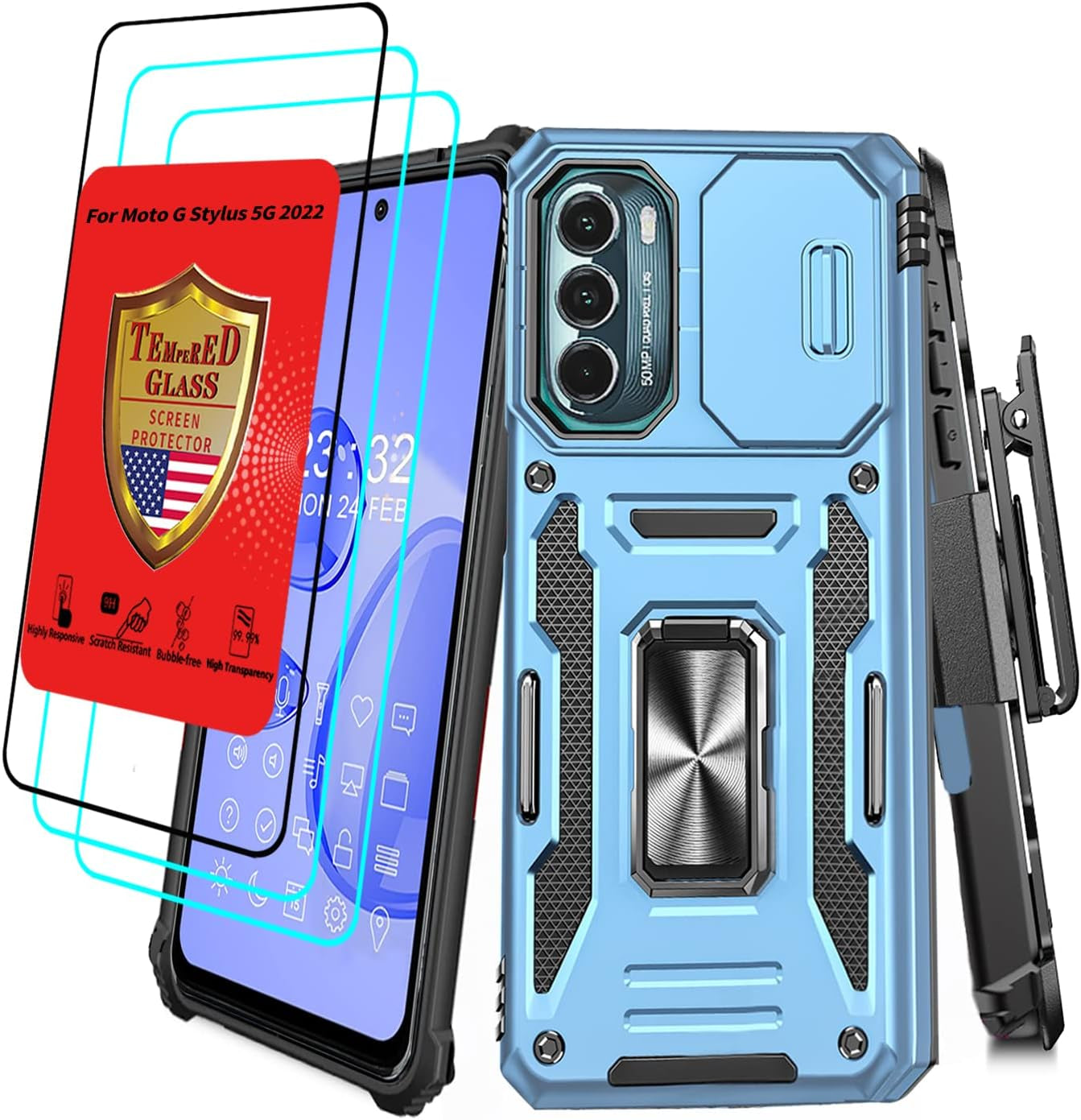 For Motorola Moto G Stylus 5G 2022 Case with Screen Protector Moto G Stylus 2022 5G Case with Belt Clip Military Grade Heavy Duty Moto G Stylus 5G 2022 Xt2215 Case Slide Camera Cover (RED)  YIJUN Blue  