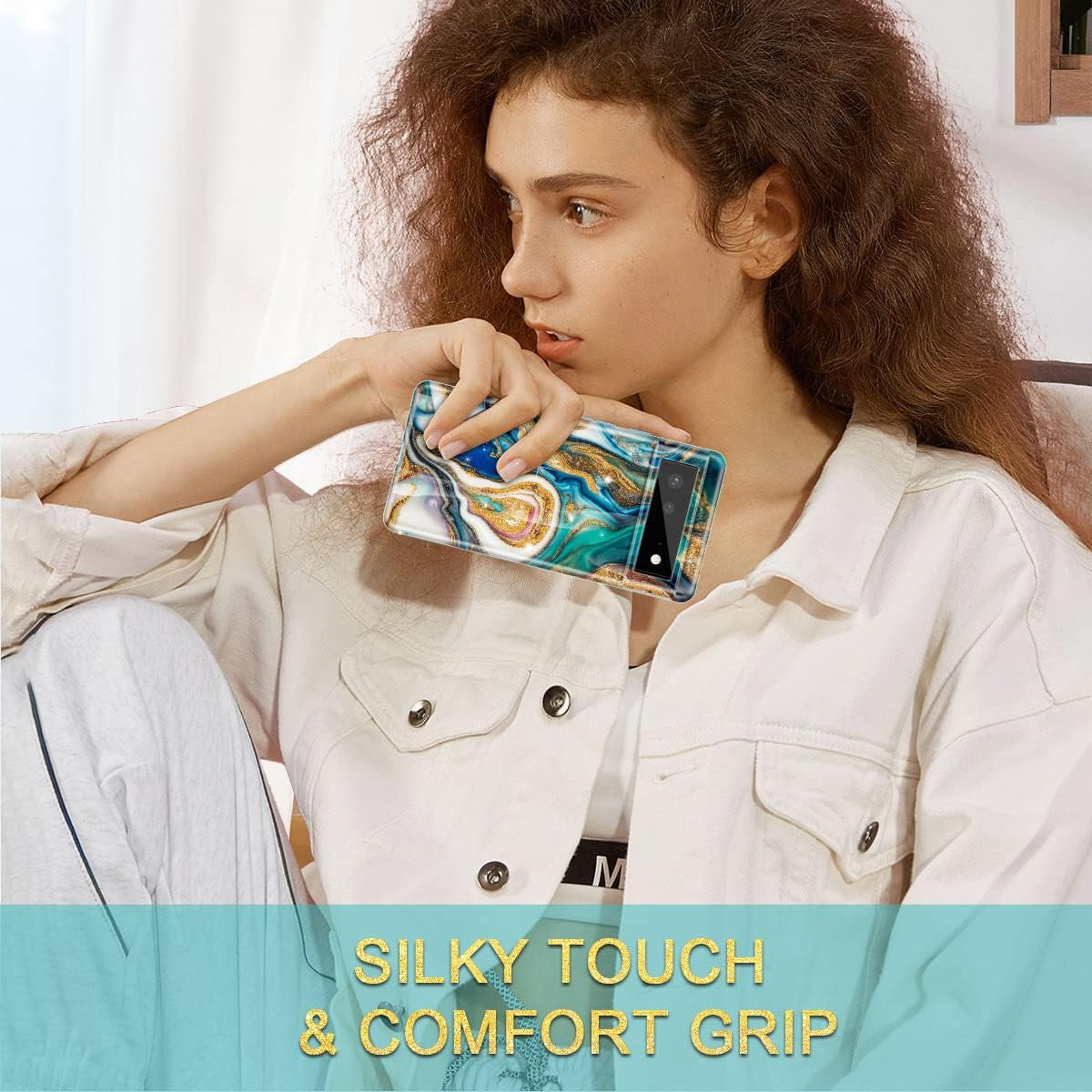 Btscase Gold Glitter Marble - Slim Shockproof Protective Cover for Google Pixel 6 (2021) - Blue/Drift Sand  Btscase   